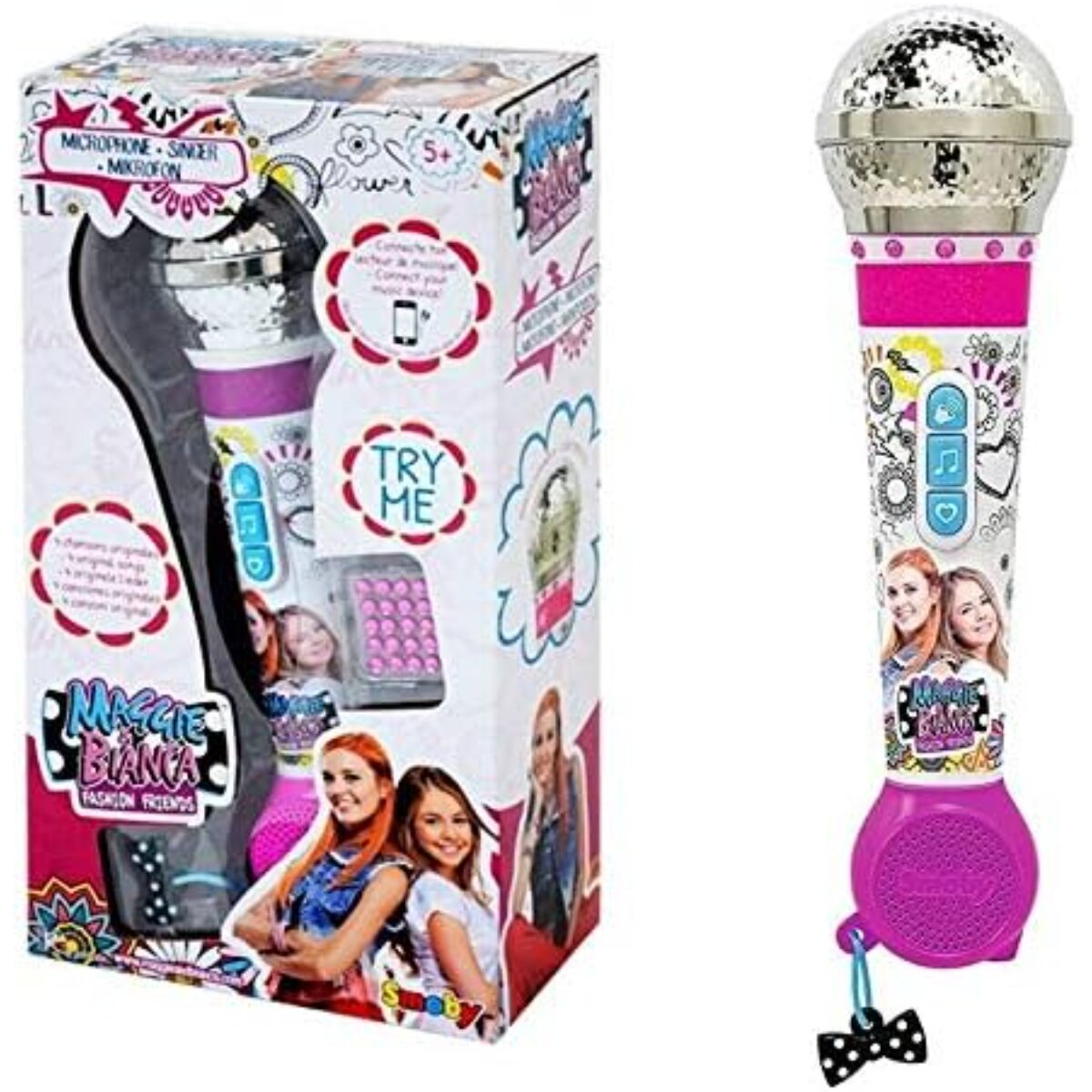 Ein Spielzeugmikrofon in einer Box. Das Mikrofon ist rosa und silberfarben mit Cartoon-Bildern. Die Box zeigt das Mikrofon und zwei Mädchen.
