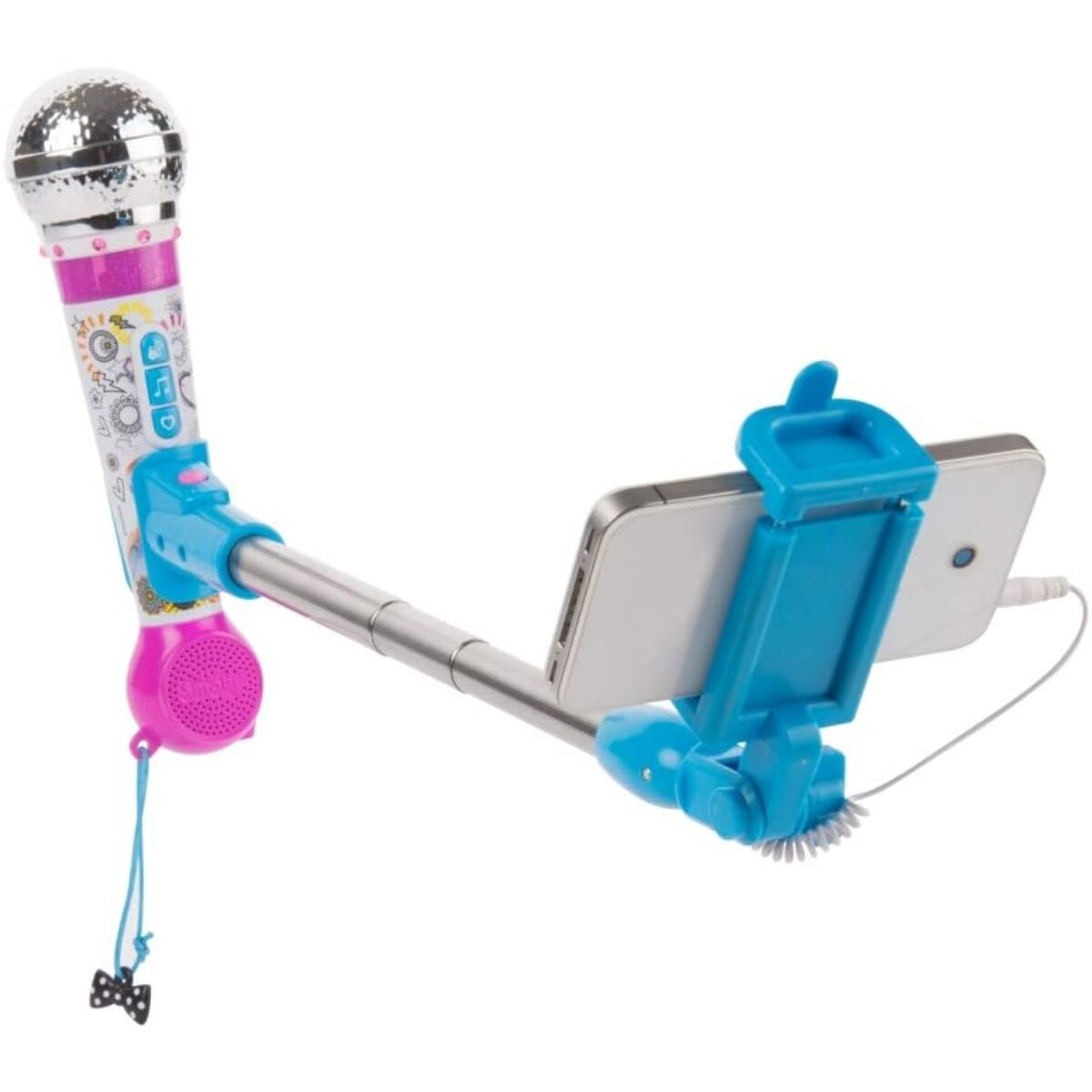 Ein Karaoke-Mikrofon mit Diskokugelaufsatz ist an einem Selfie-Stick befestigt, der ein Smartphone hält. Das Set befindet sich auf weißem Hintergrund.
