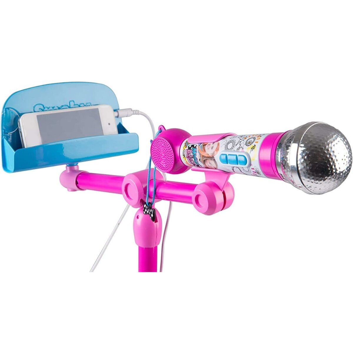 Ein rosa Spielzeug-Mikrofonständer mit einer Telefonhalterung. Das Mikrofon ist silber und rosa. Ein Telefon befindet sich in der blauen Halterung.