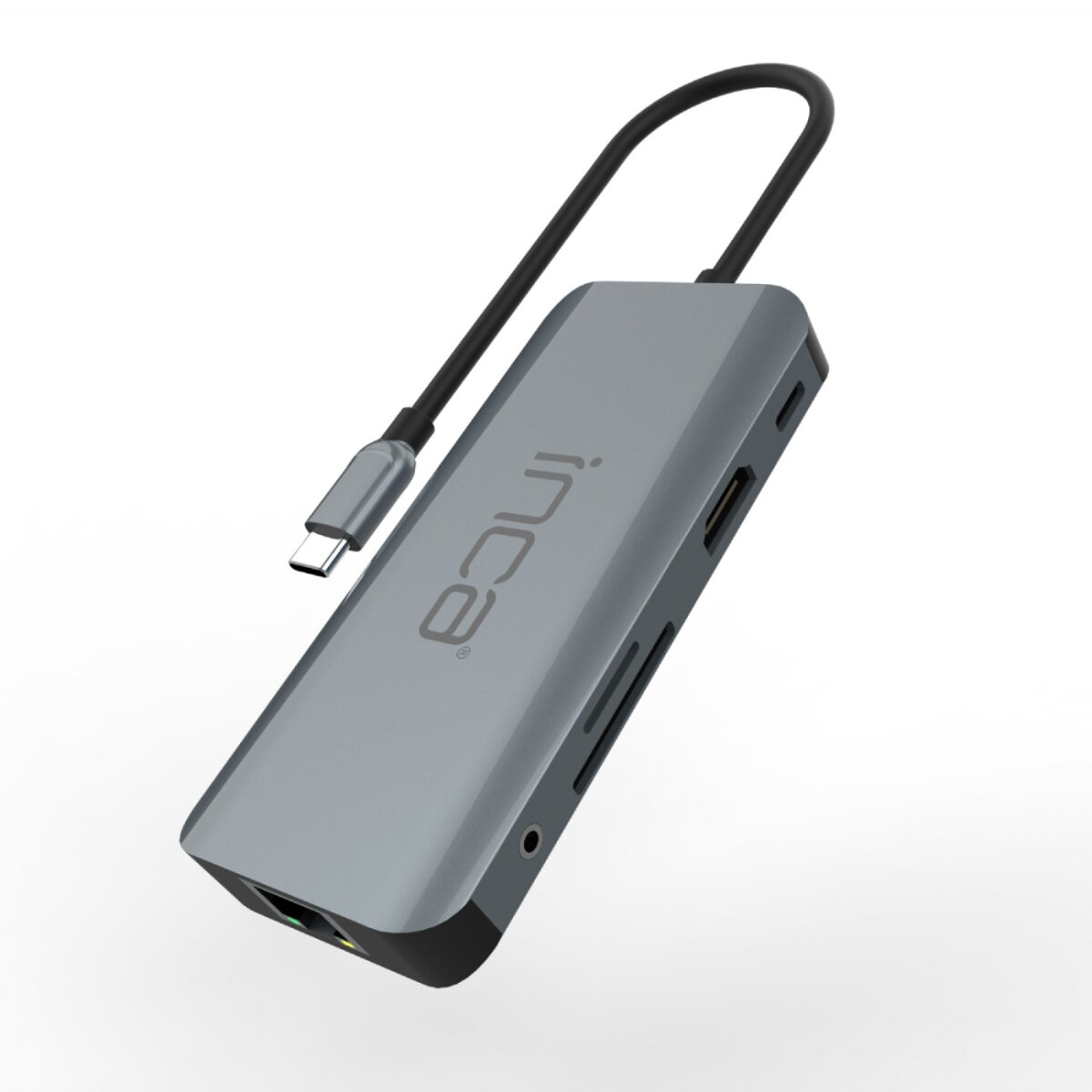 Un hub USB-C Inca grigio con un cavo nero. Ha più porte e un connettore USB-C. Lo sfondo è bianco.