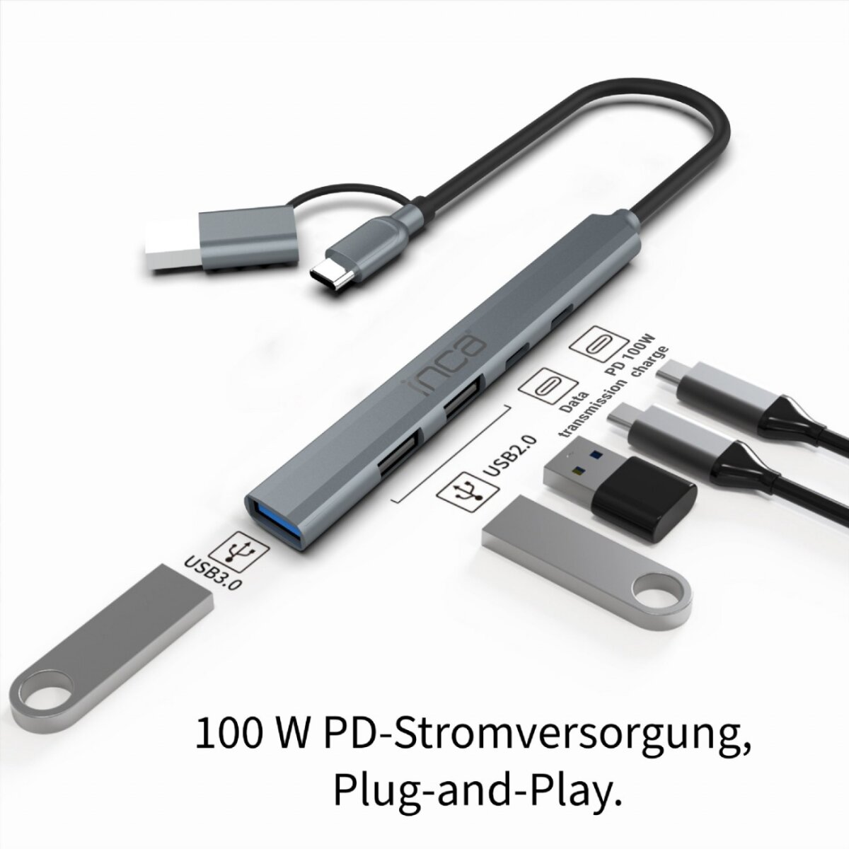 Un hub USB grigio con varie porte, cavi e unità USB. Testo: Alimentazione PD da 100 W, Plug-and-Play.