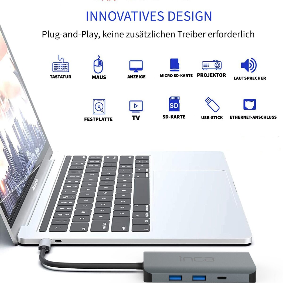 Un laptop collegato a un hub grigio. Icone per vari connettori sopra. Il testo dice 'design innovativo'.