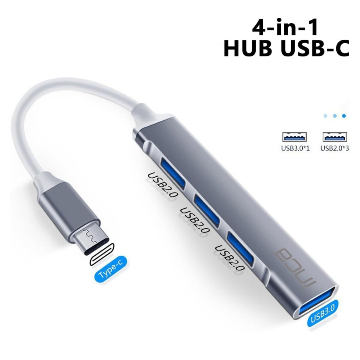 Un hub USB-C 4-in-1 argento con un cavo e più porte USB etichettate USB 2.0 e USB 3.0. È visibile anche un connettore di tipo C.