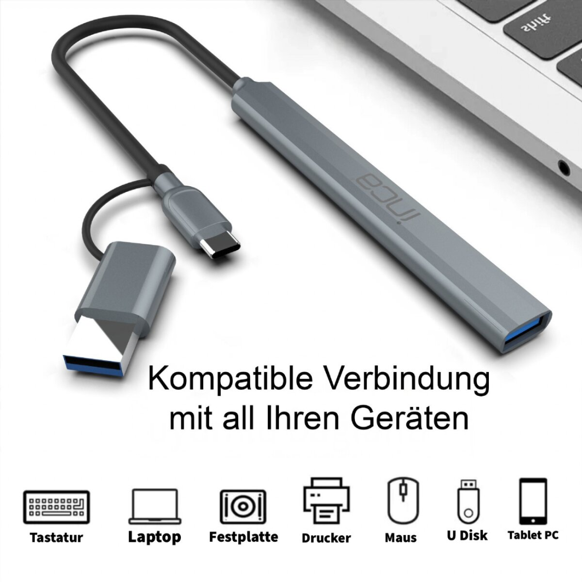 Un hub USB grigio con più porte è collegato a un laptop. Sotto ci sono icone di dispositivi come tastiera, laptop e stampante.