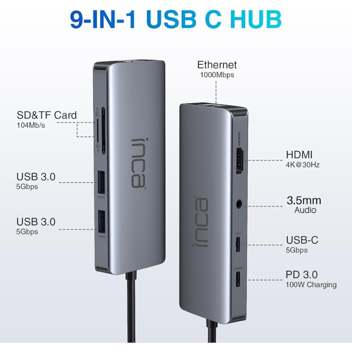 Un hub USB C 9 in 1 argentato con più porte, tra cui lettore di schede SD, USB 3.0, HDMI e USB-C. Il marchio è Inca.