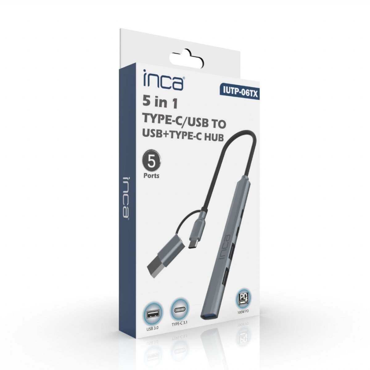 Hub USB Inca 5-in-1. Dispositivo grigio con cavo nero, collegato a una scatola, con informazioni sul prodotto e icone delle porte.