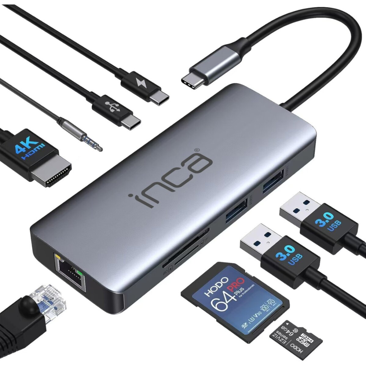 Un hub Inca grigio con più porte, cavi USB, HDMI e schede SD, che mostra le opzioni di connettività e archiviazione.