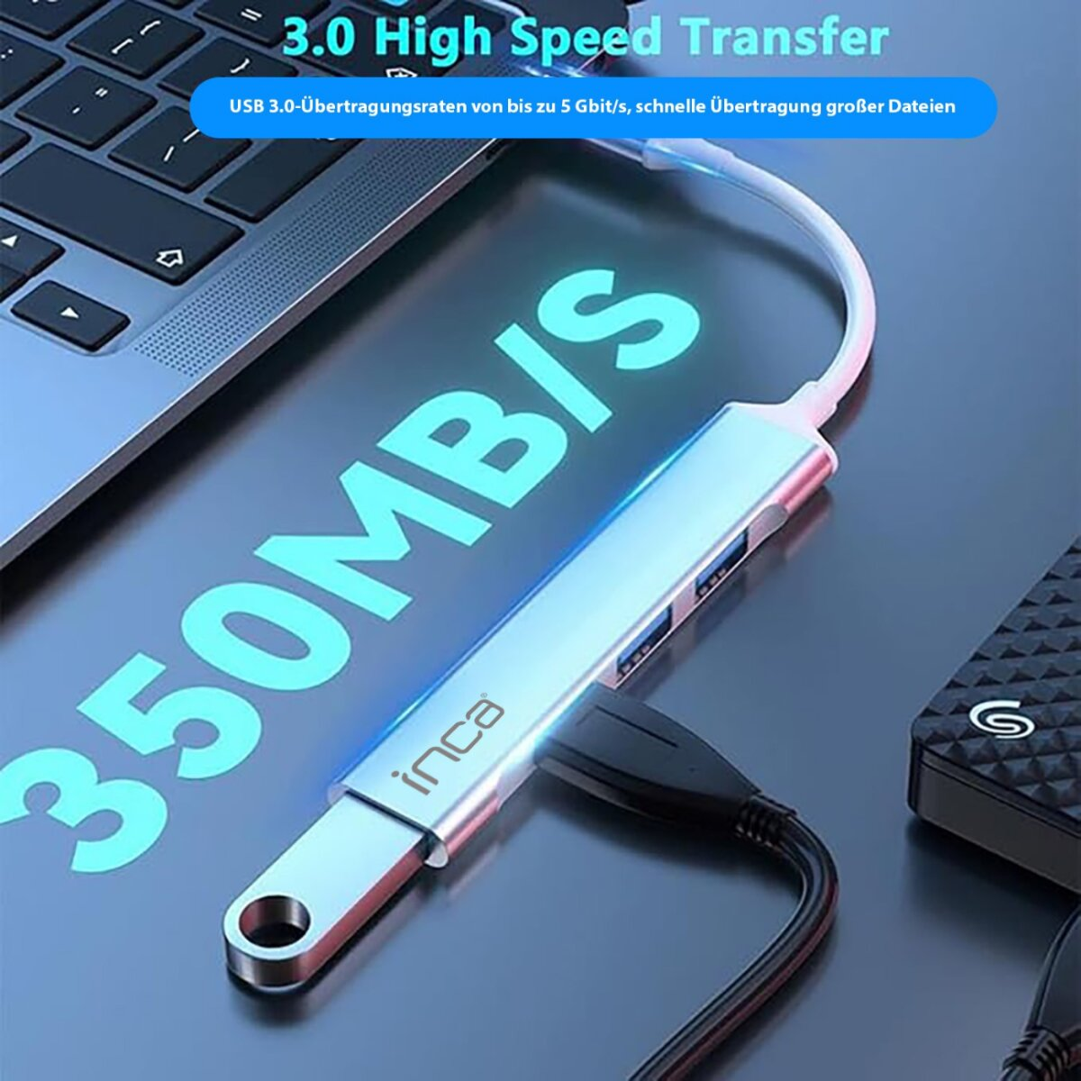 Un hub USB Inca argentato collegato a un laptop e a un disco rigido esterno. Il testo dice '3.0 High Speed Transfer' e '350MB/S'.