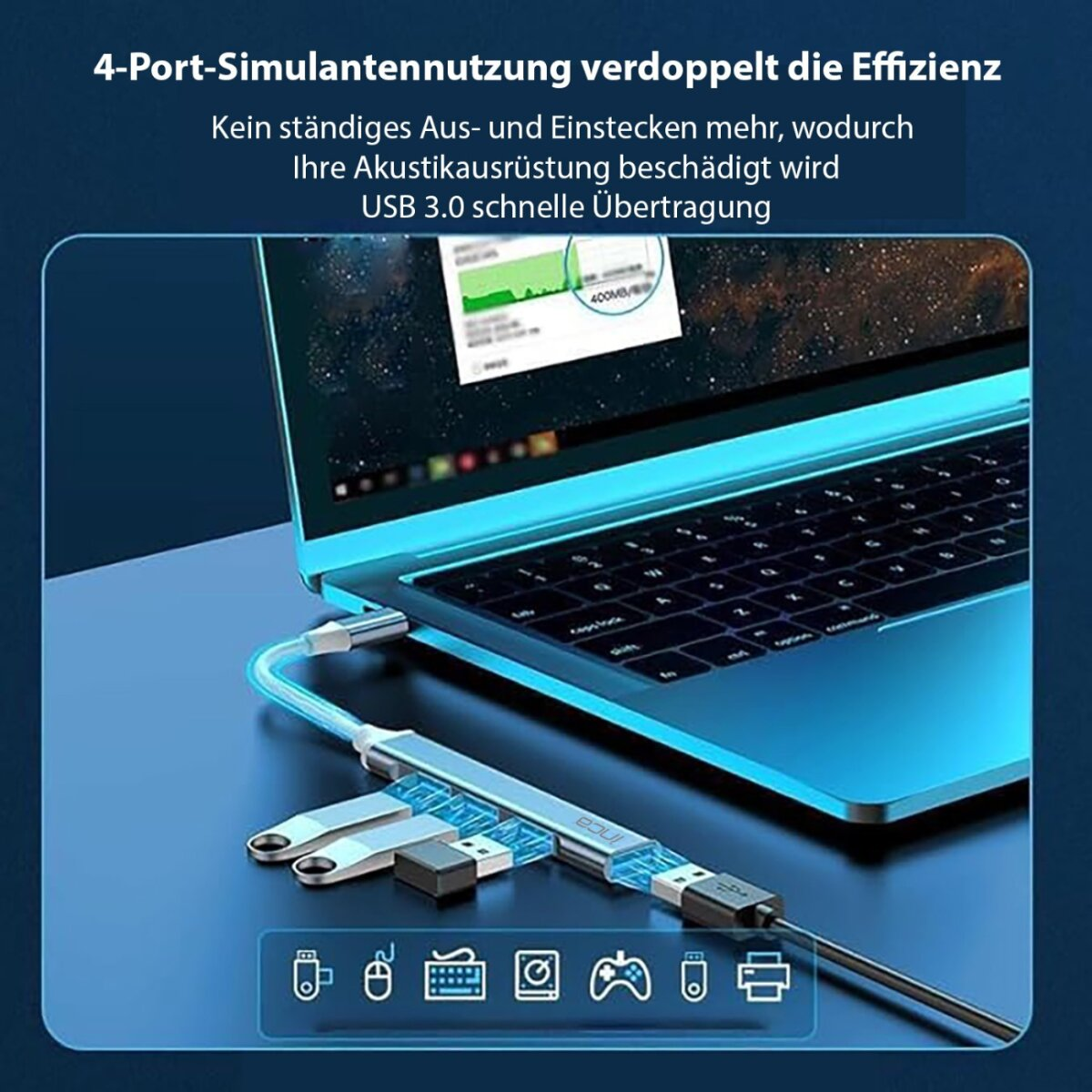 Un laptop con un hub USB collegato. L'hub ha più porte, con dispositivi collegati. Il testo descrive le funzionalità.