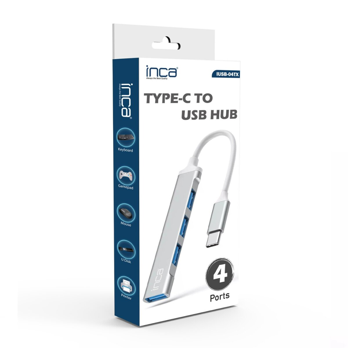 Hub USB Inca di tipo C, argento e blu, con 4 porte. La confezione mostra icone di tastiera, gamepad, mouse, U disk e stampante.