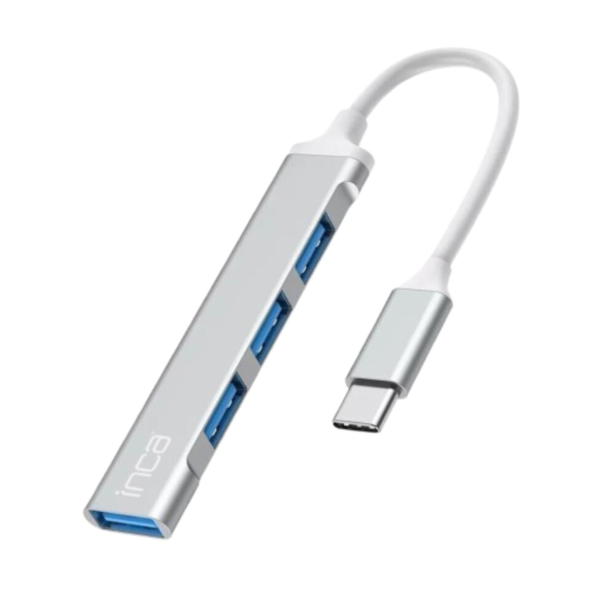Un hub USB argentato con quattro porte USB blu, un cavo bianco e un connettore USB-C. L'hub ha il logo 'inca'.