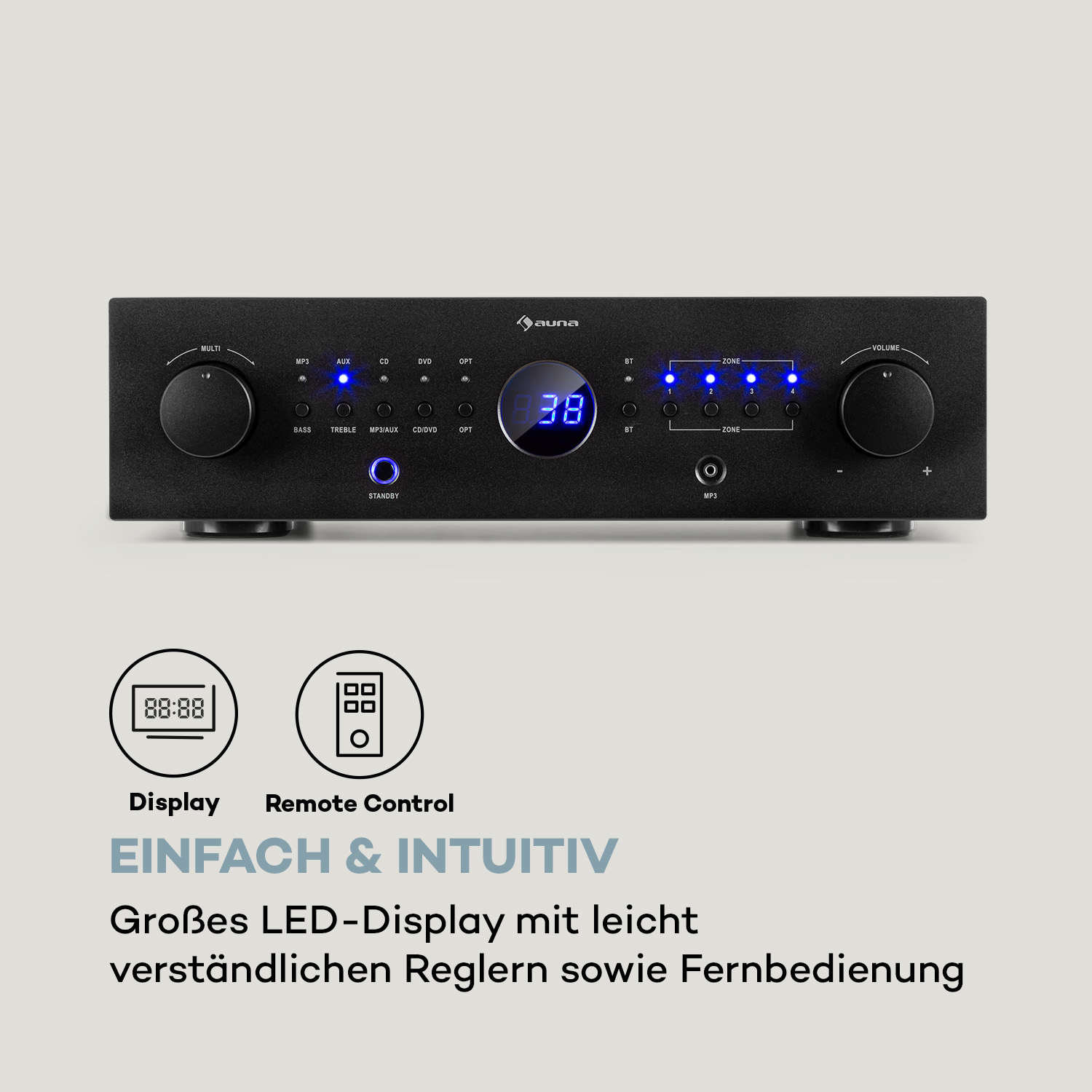 Schwarzer Audio-Receiver mit Tasten, Display mit 38 und einem Lautstärkeregler. Text darunter: 'Einfach & Intuitiv'.