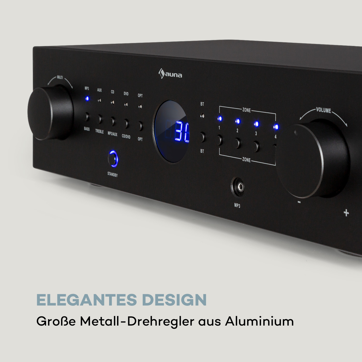 Schwarzer Audio-Receiver mit großen Aluminiumknöpfen, blauen Lichtern und Digitalanzeige. Text unten: 'ELEGANTES DESIGN'.