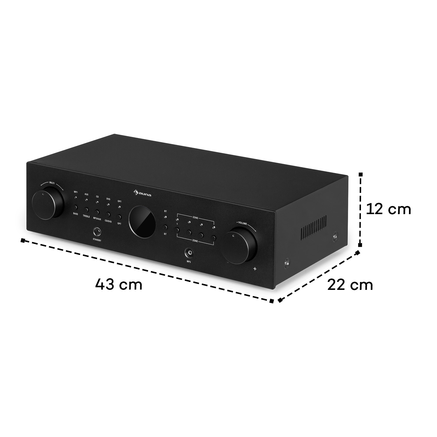 Schwarzer Audio-Receiver mit Knöpfen und Tasten. Abmessungen: 43x22x12 cm. Markenname "auna" sichtbar.