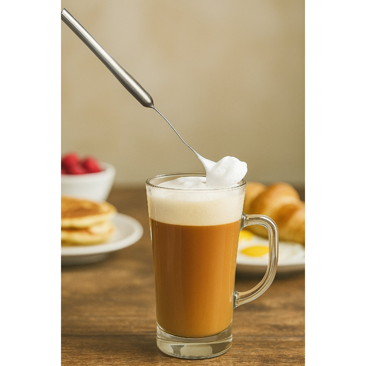 Ein Glas Latte mit hinzugefügtem Schaum. Pfannkuchen, Himbeeren und Croissants befinden sich im Hintergrund auf einem Holztisch.