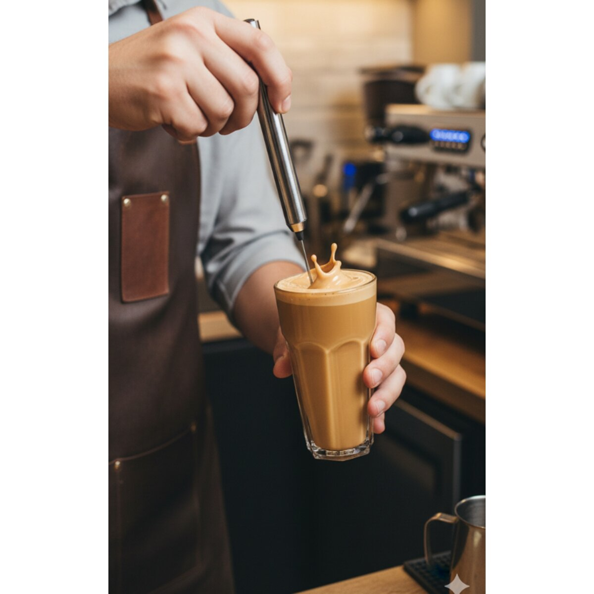 Ein Barista schäumt Milch in ein Kaffeeglas. Der Kaffee ist hellbraun. Milchspritzer sind sichtbar. Der Barista trägt eine Schürze.