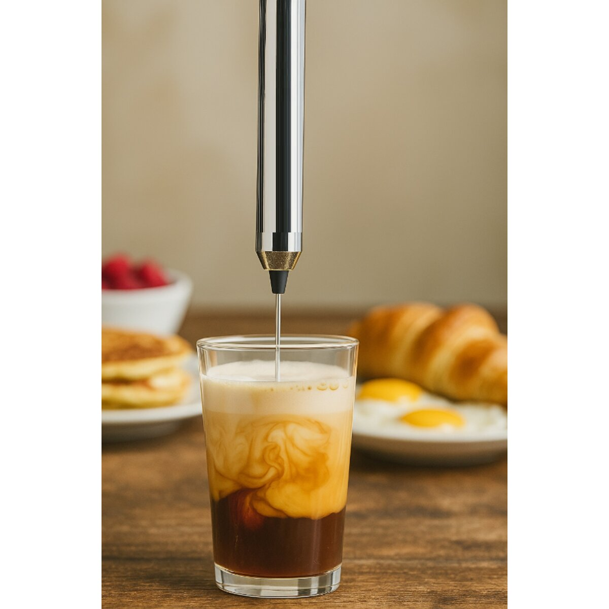 Ein Aufschäumer verrührt Kaffee in einem Glas. Auf dem Tisch stehen Frühstücksartikel wie Pfannkuchen, Eier und ein Croissant.