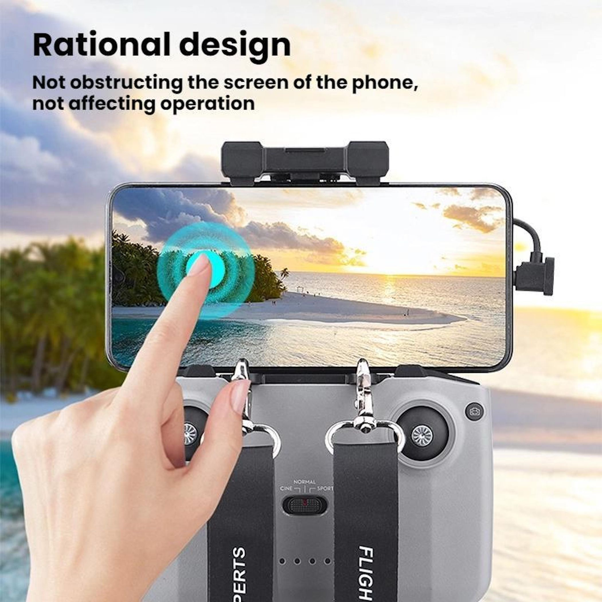 Eine Hand berührt einen Telefonbildschirm, der einen Strand zeigt. Darunter befindet sich eine Drohnensteuerung mit Riemen.