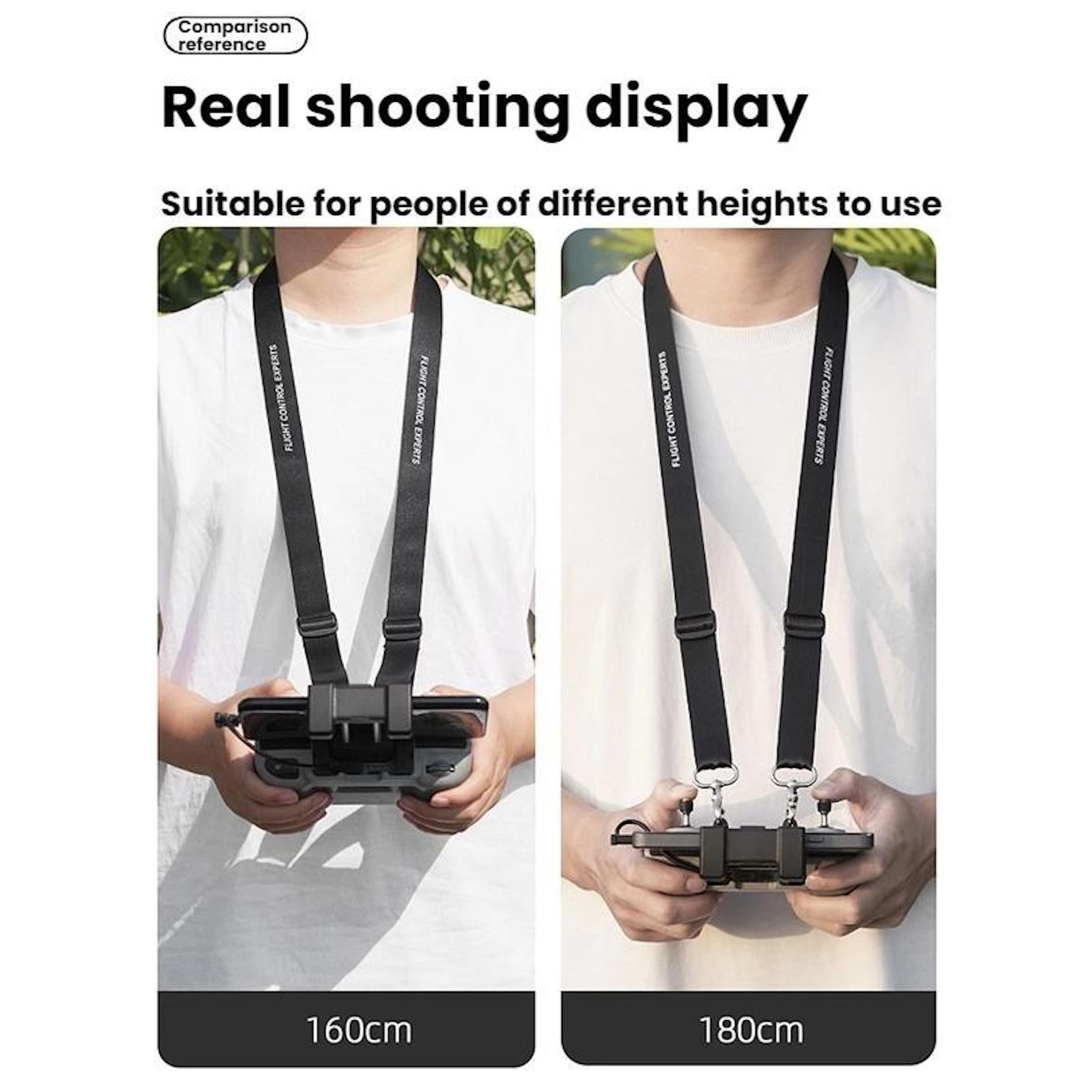 Zwei Personen mit Drohnen-Controller-Gurten. Einer ist 160 cm, der andere 180 cm groß, beide halten Controller.