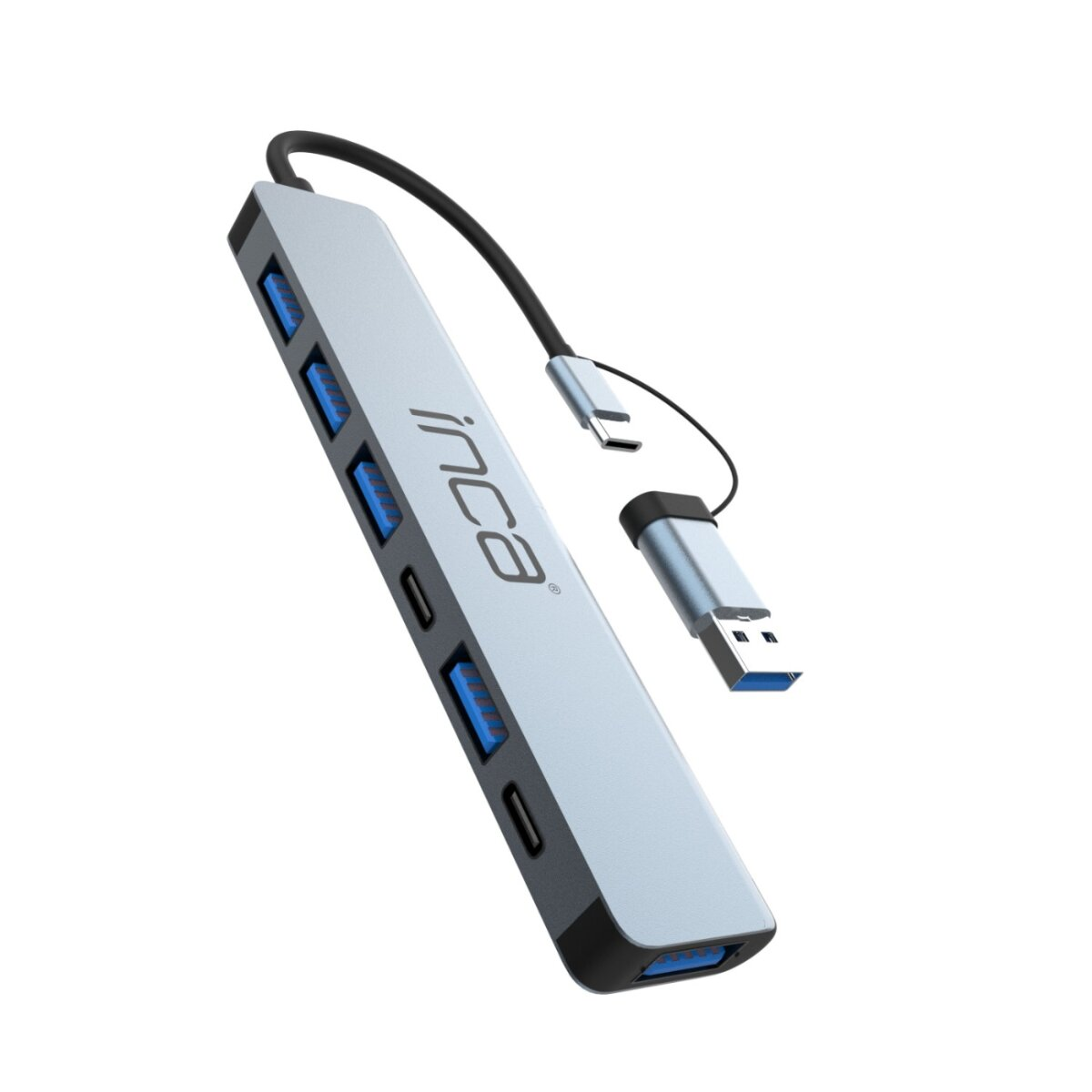 Un hub USB Inca argentato con più porte e un cavo nero. Connettori USB-C e USB-A visibili. Isolato su sfondo bianco.