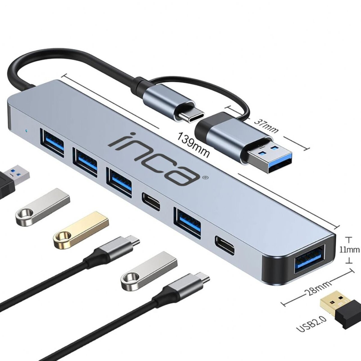 Hub USB Inca argento con più porte, cavi neri e connettori USB. Le dimensioni sono visualizzate con misurazioni.