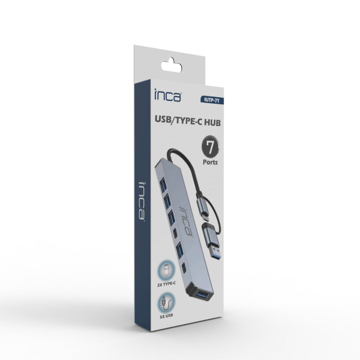 Scatola prodotto per un hub USB/Type-C Inca. La scatola mostra il prodotto, con 7 porte e il marchio Inca in evidenza.