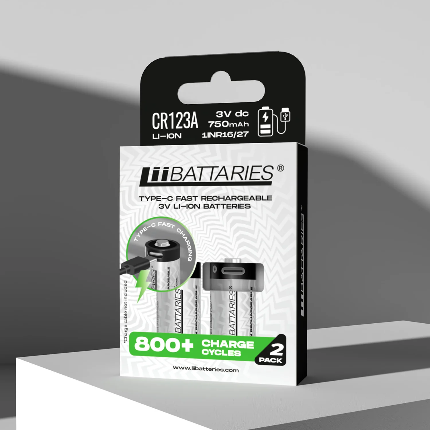 Opakowanie baterii z dwoma bateriami CR123A Li-ion na białej powierzchni. Opakowanie czarno-białe, zawiera szczegóły dotyczące baterii.