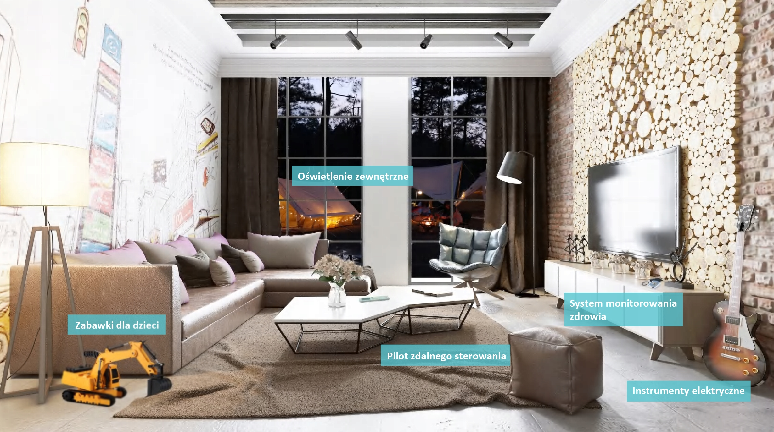 Nowoczesny salon z sofą, telewizorem, oknami i dekoracyjną drewnianą ścianą. Zawiera gitarę, lampę i zabawkę koparkę.