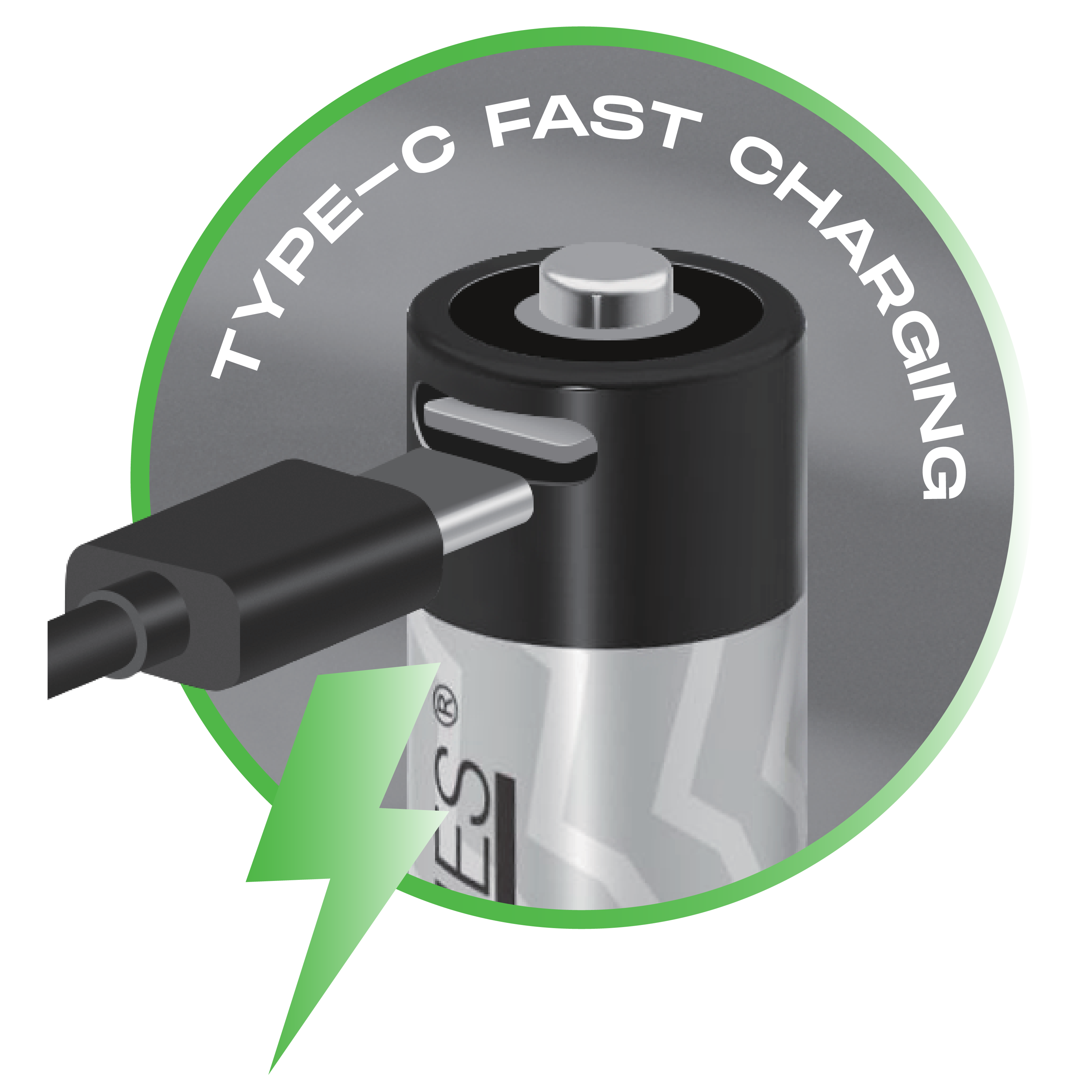 Bateria z podłączonym kablem ładującym. Tekst głosi 'Type-C Fast Charging'. Obecny jest zielony błyskawica.