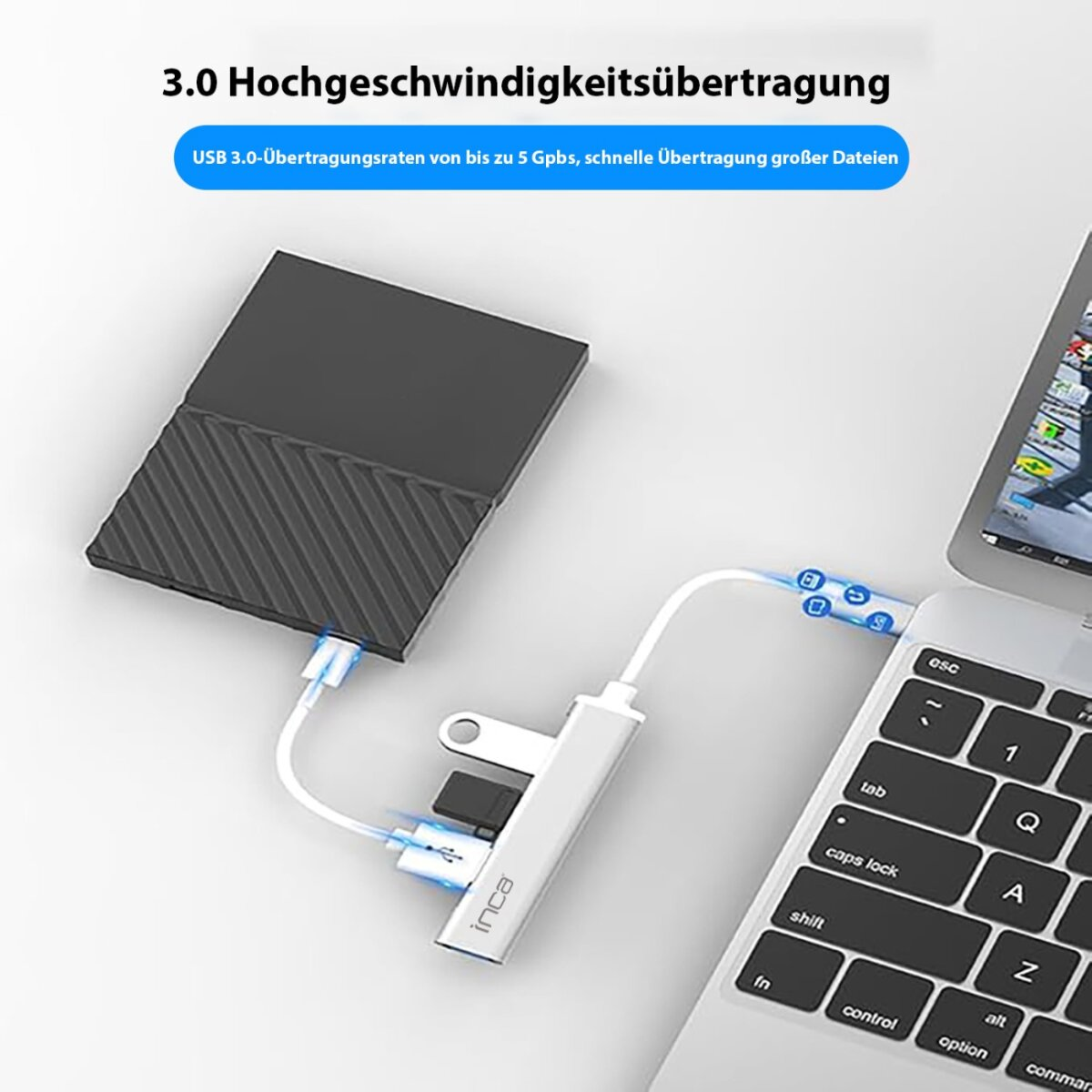 Ein Laptop, der mit einem USB-Hub, einer schwarzen Festplatte und einem weißen Kabel verbunden ist. Der Hub ist mit 'inca' beschriftet.