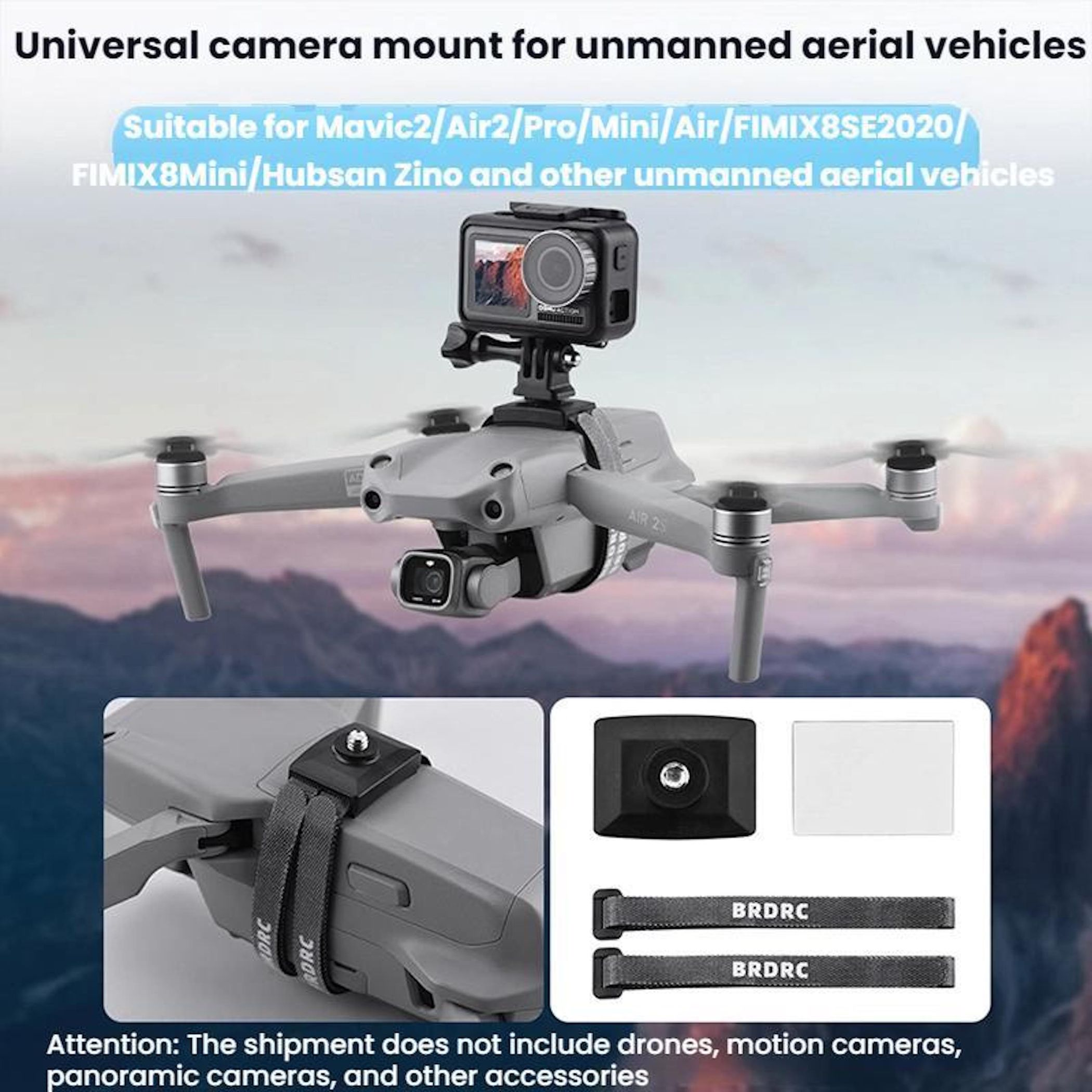 Drone con telecamera montata, accessori mostrati. Il testo indica un supporto per fotocamera per vari modelli di droni.