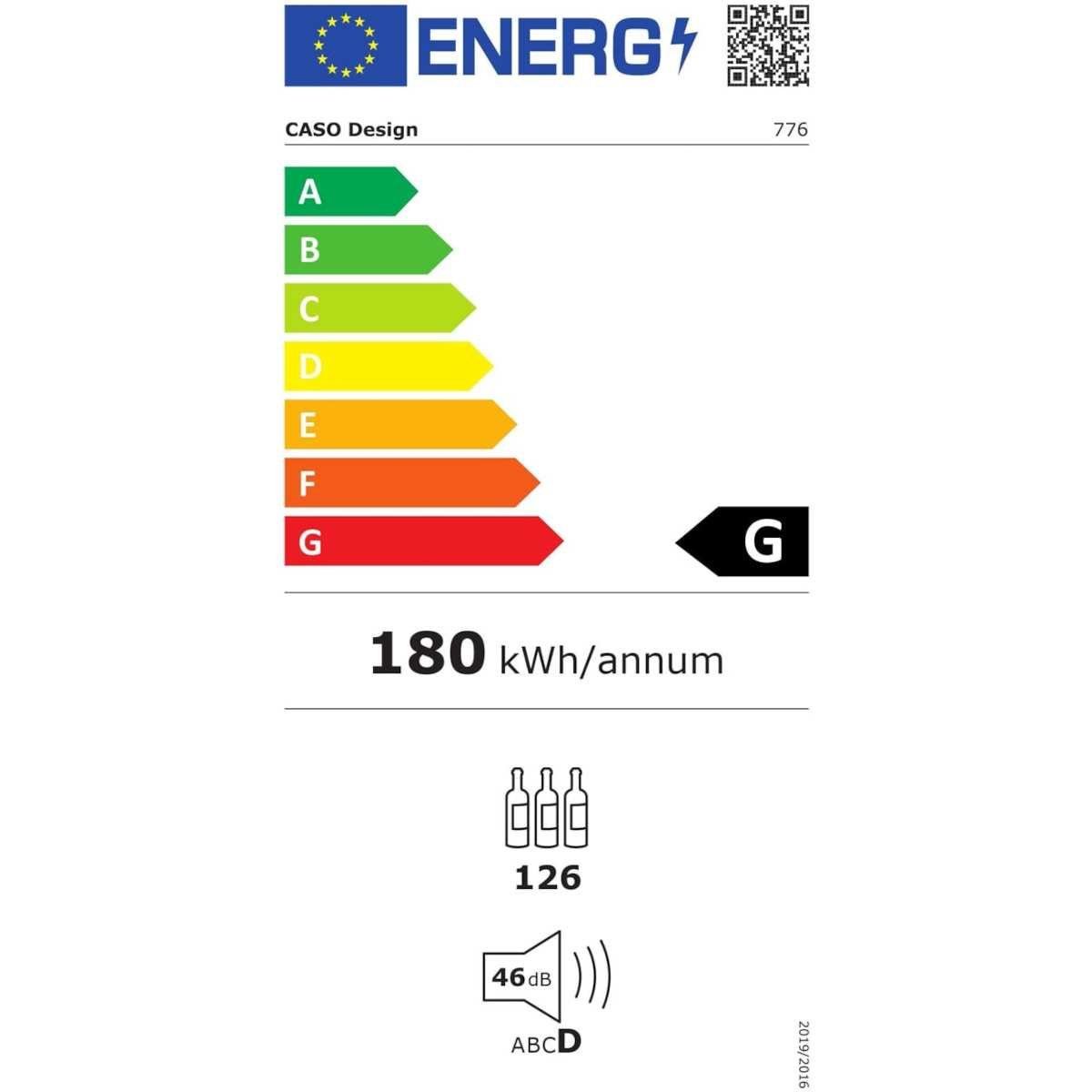 Energielabel mit Bewertungen A-G. Enthält Details zum Energieverbrauch, eine Grafik mit Weinflaschen und eine Dezibelanzeige.