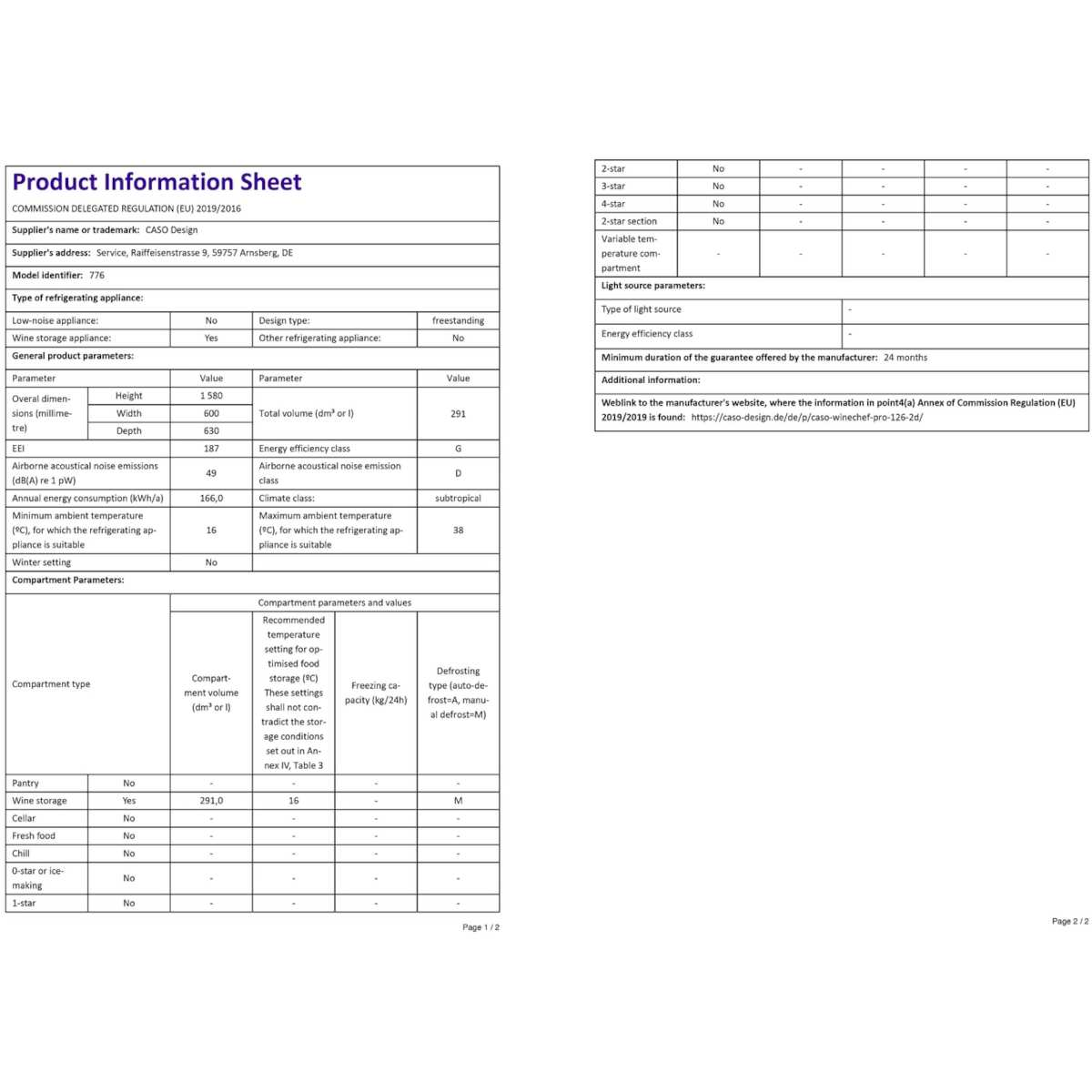 Ein Produktinformationsblatt mit Tabellen und Text. Es listet Gerätedetails, Abmessungen und Energieinformationen auf.