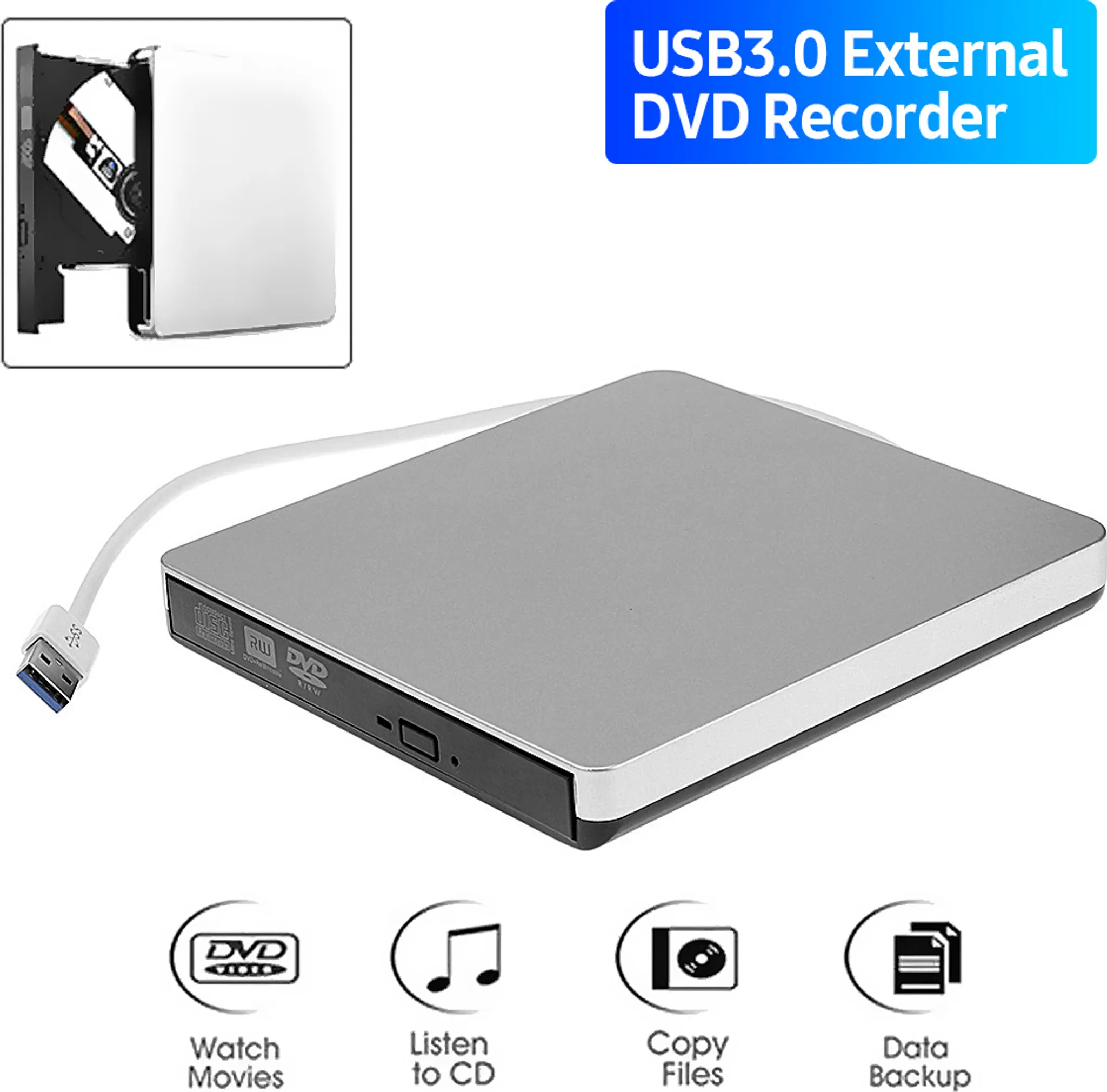 Silberner externer DVD-Rekorder mit USB-Kabel. Enthält Symbole zum Ansehen von Filmen, Abspielen von CDs, Kopieren von Dateien und Datensicherung.