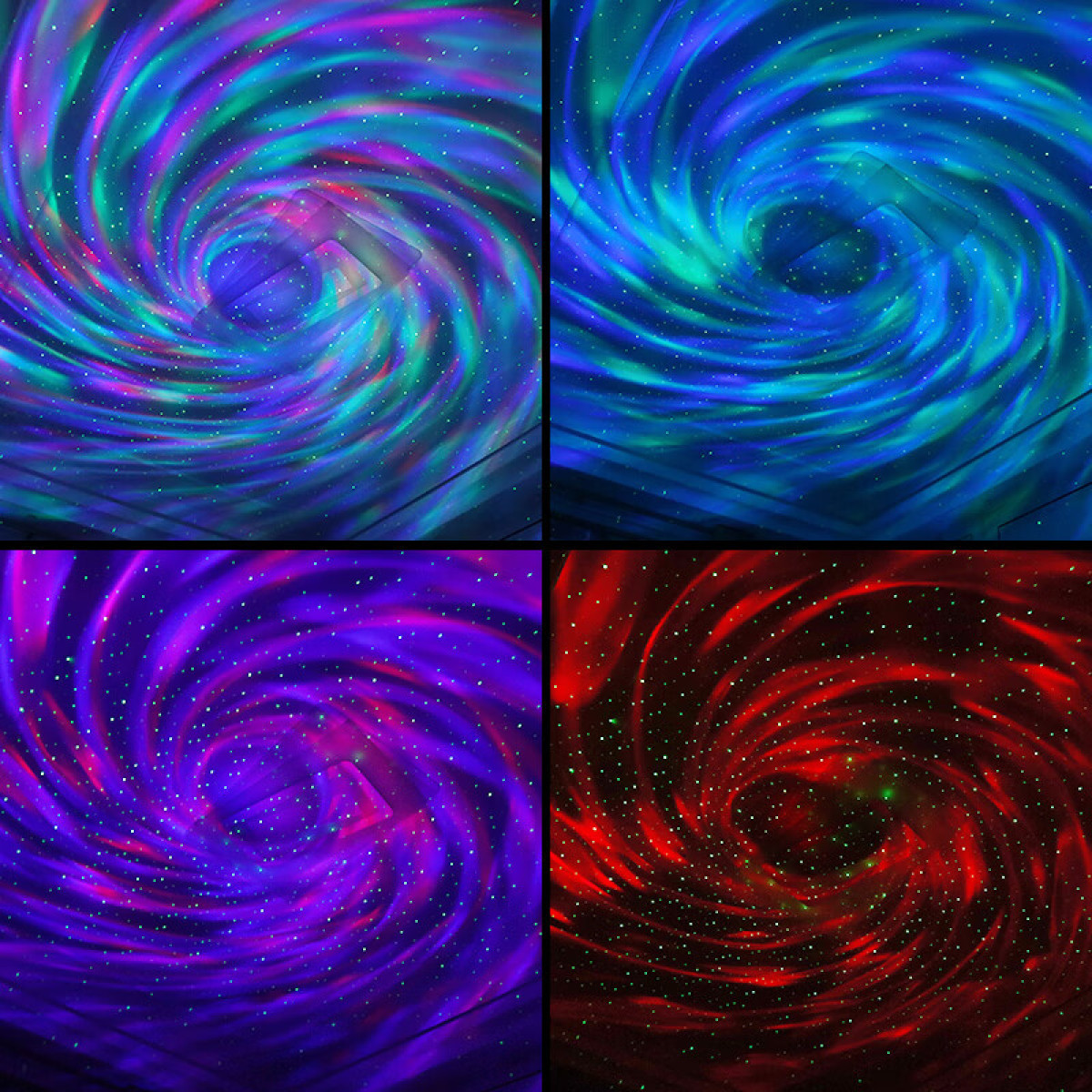 Cztery panele z wirującymi mgławicami. U góry po lewej: niebiesko-zielone. U góry po prawej: niebieskie. Na dole po lewej: fioletowe. Na dole po prawej: czerwone.