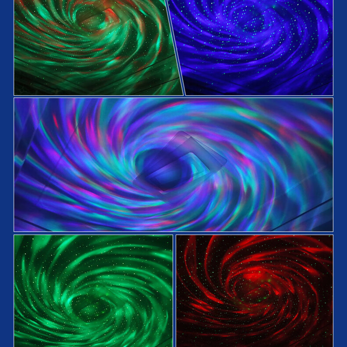 Abstrakcyjny obraz z wirującymi wzorami zieleni, błękitu i czerwieni, przypominającymi galaktyki. Małe białe kropki wyglądają jak gwiazdy.