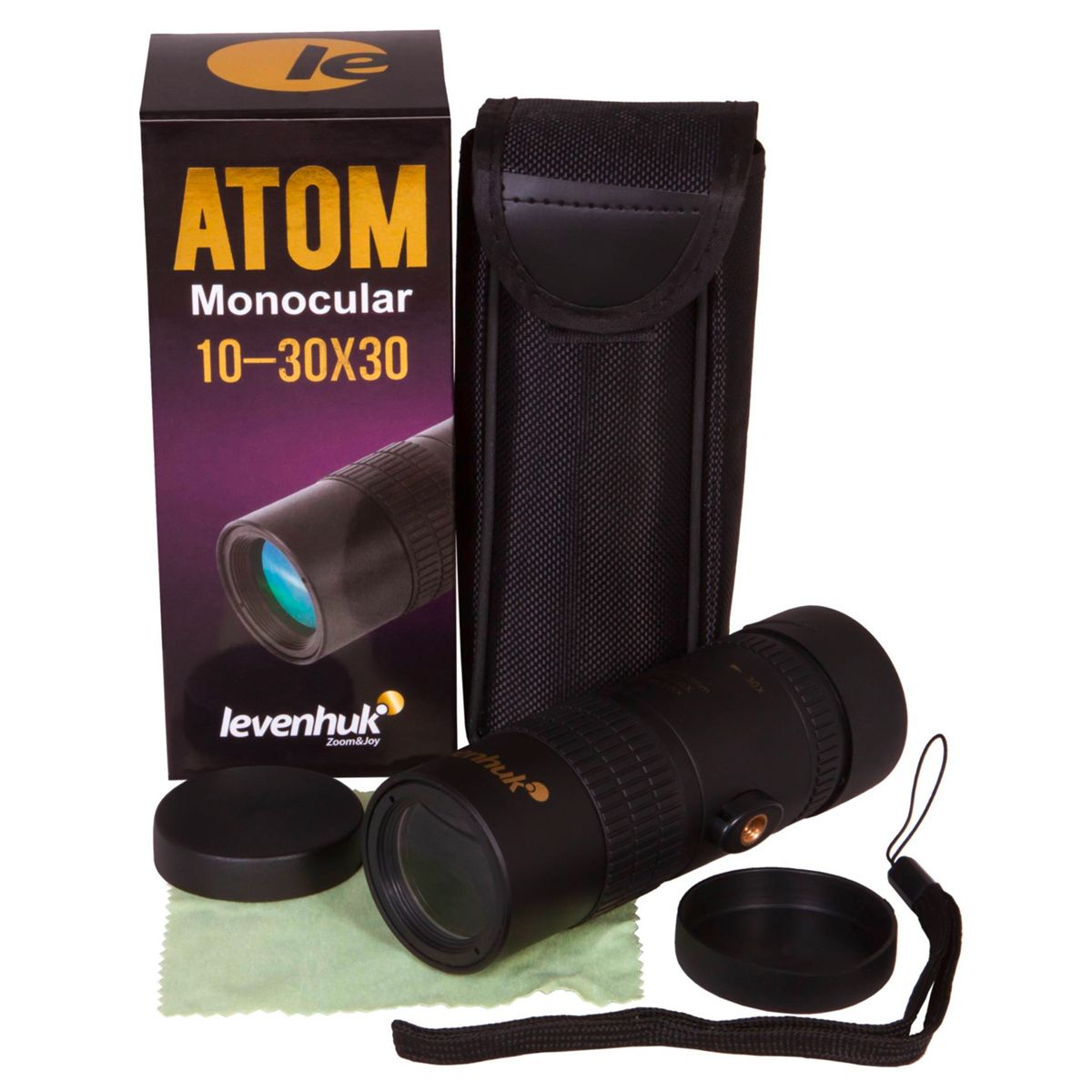 Un monocolo nero, custodia, scatola e accessori su una superficie bianca. La scatola riporta 'ATOM Monocular 10-30x30' con un logo.
