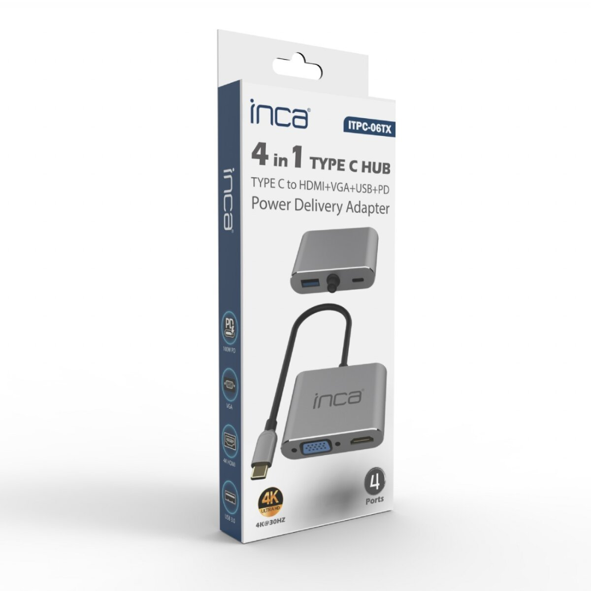 Una scatola Inca 4-in-1 Type C Hub bianca e blu mostra il prodotto e le sue caratteristiche. Include porte e una grafica dell'adattatore.