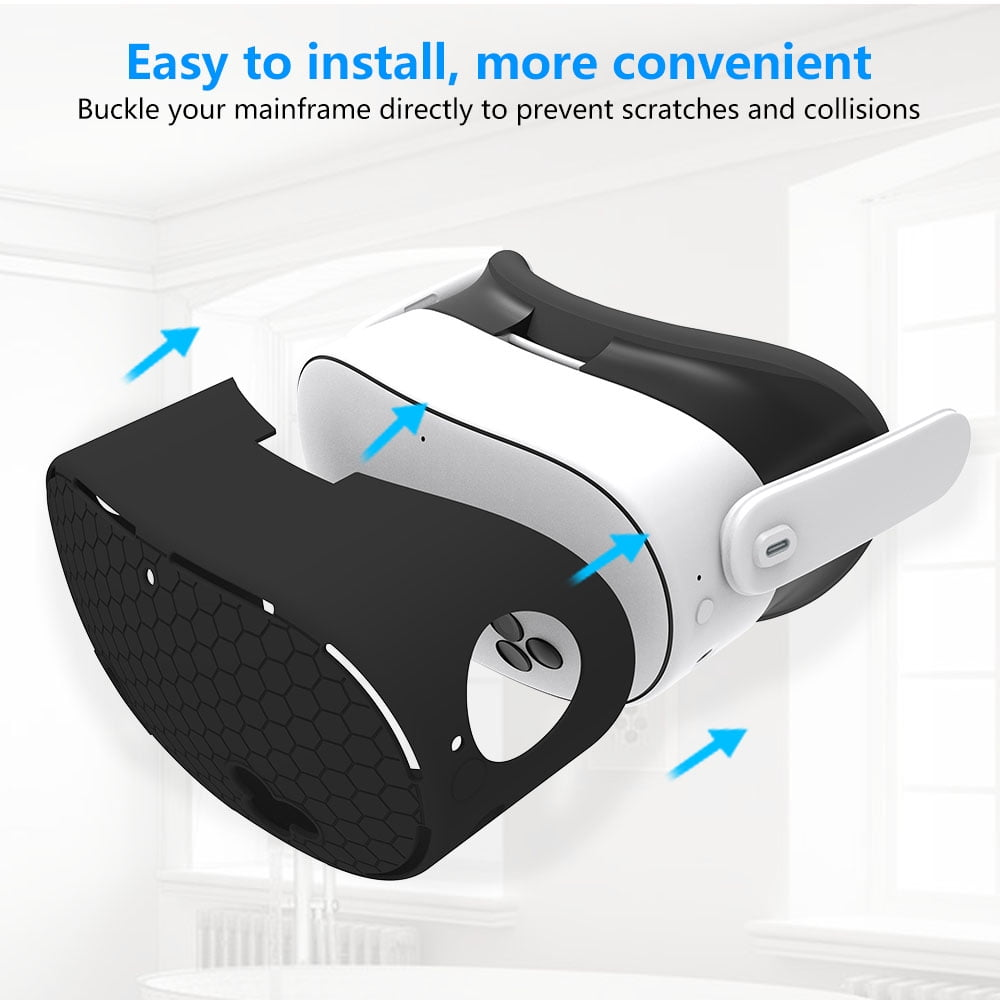 VR-Headset mit Schutzhülle. Schwarz-weißes Gerät mit blauen Pfeilen, die die Installation anzeigen. Text: Einfach zu installieren, bequemer.