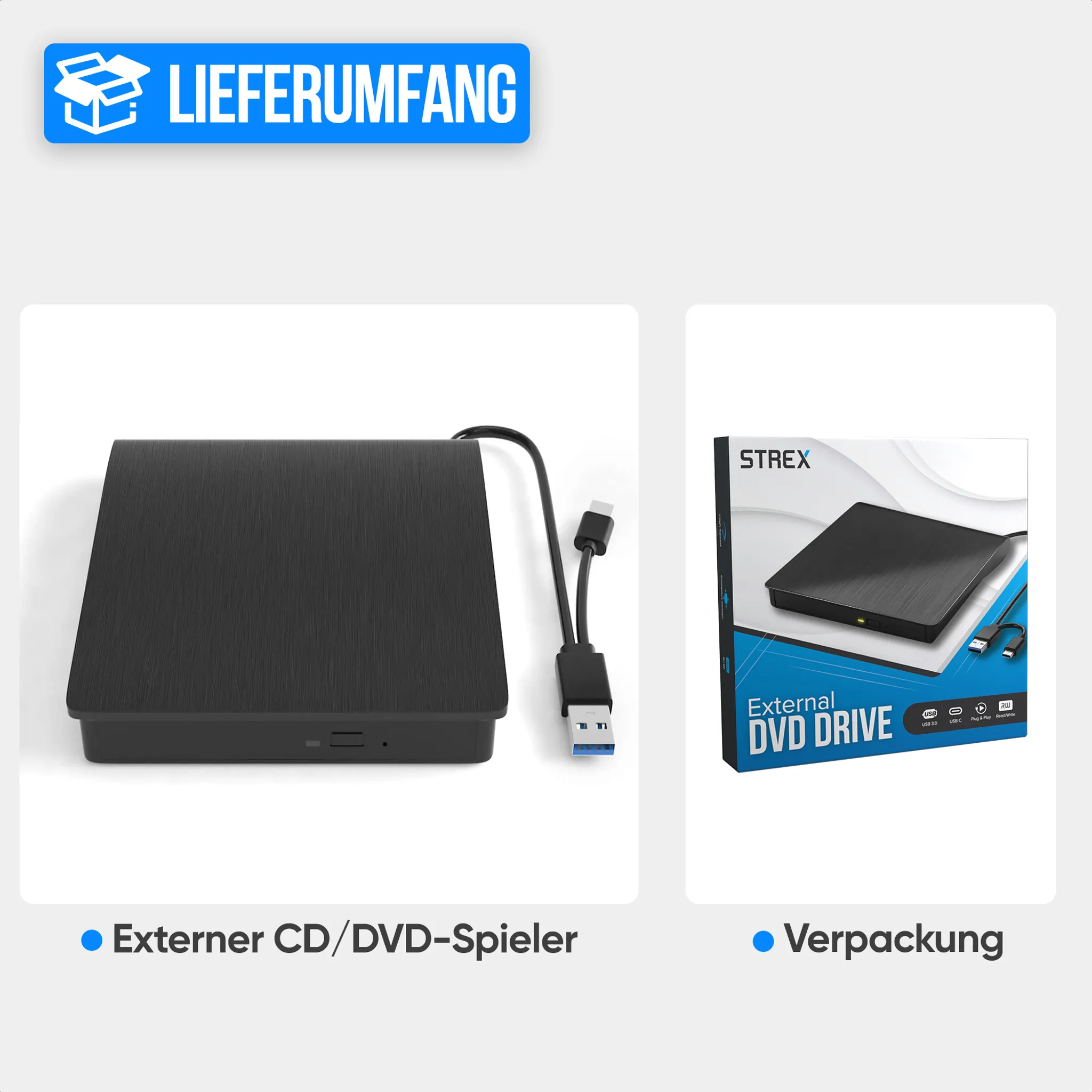 Das Bild zeigt ein externes DVD-Laufwerk, seine Verpackung und eine blaue Box mit dem Text 'LIEFERUMFANG'.