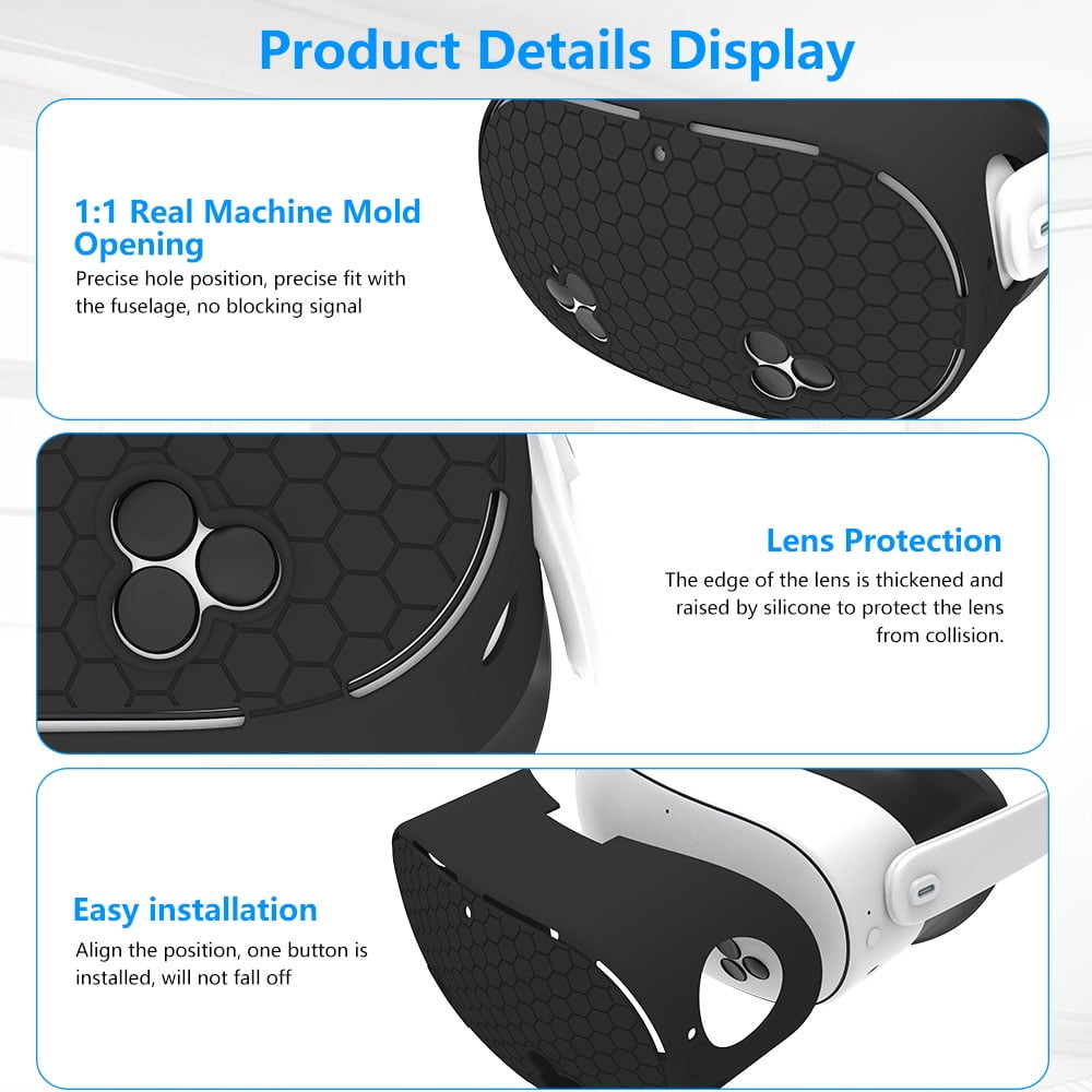 Das Bild zeigt ein VR-Headset mit schwarzer Abdeckung. Details sind Linsenschutz, einfache Installation und echte Maschinenformöffnung.