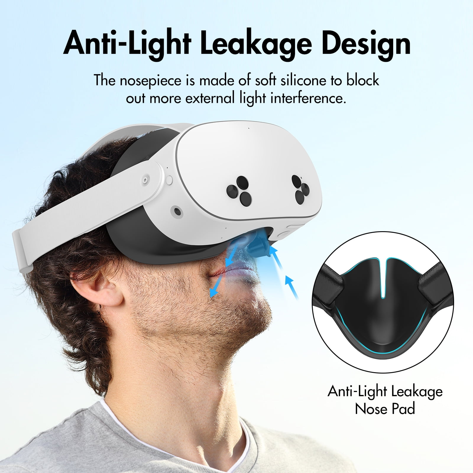 Mann mit VR-Headset, zeigt Design gegen Lichtleckage. Mit schwarzem Nasenpolster und blauen Pfeilen, die Lichtblockierung anzeigen.