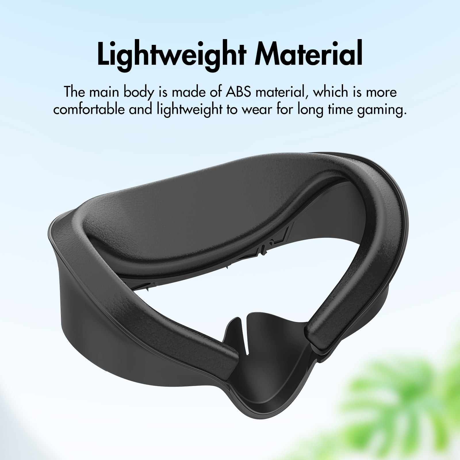 Ein schwarzes VR-Headset-Zubehör aus ABS-Material. Der Text lautet 'Leichtes Material'.