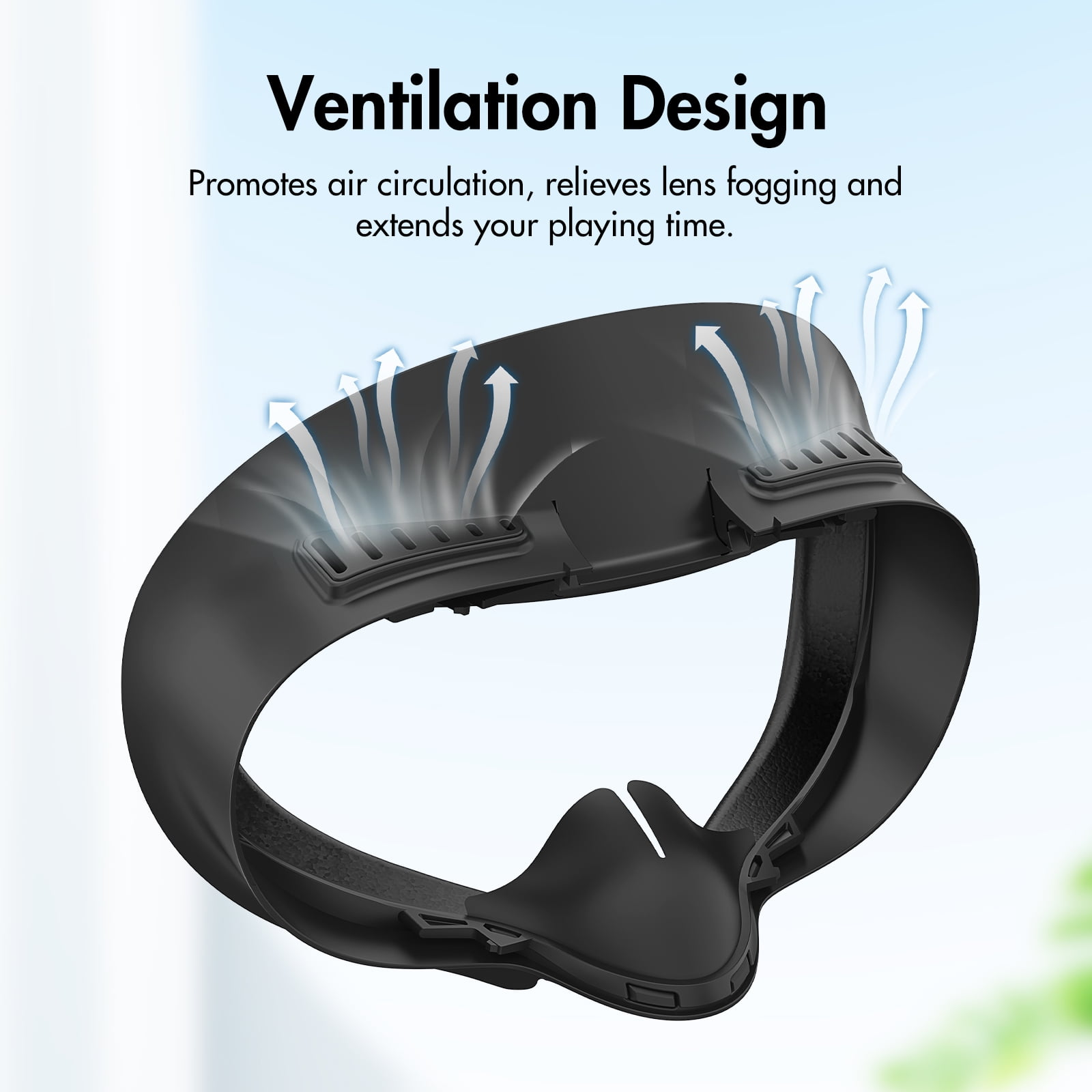 Schwarze VR-Headset-Komponente mit Belüftungsdesign. Weiße Pfeile zeigen den Luftstrom. Text: Belüftungsdesign.