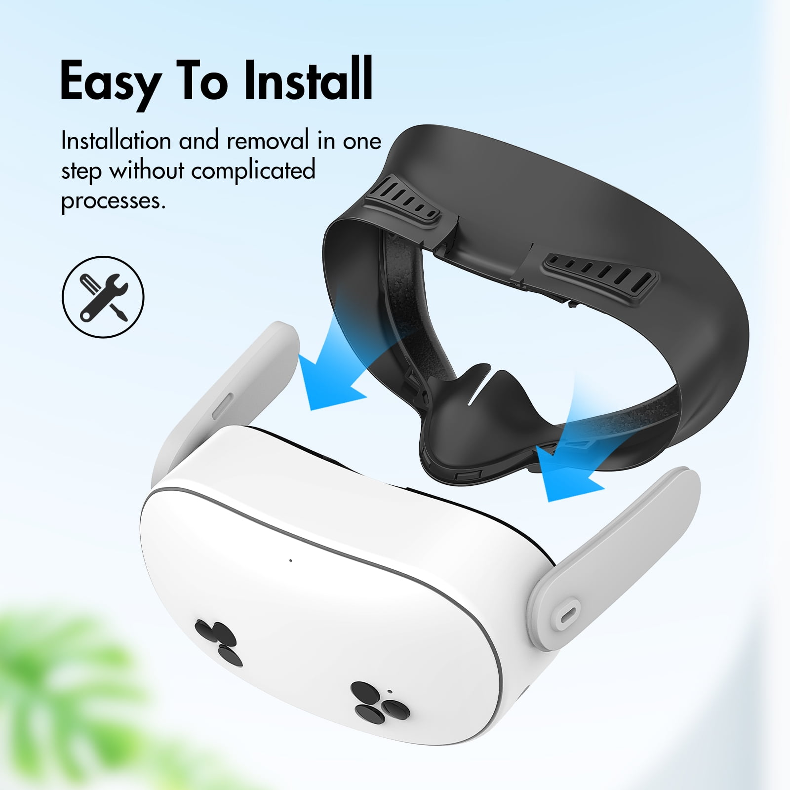 Weißes VR-Headset mit schwarzer oberer Abdeckung, blaue Pfeile zeigen einfache Installation an. Text: Einfach zu installieren.
