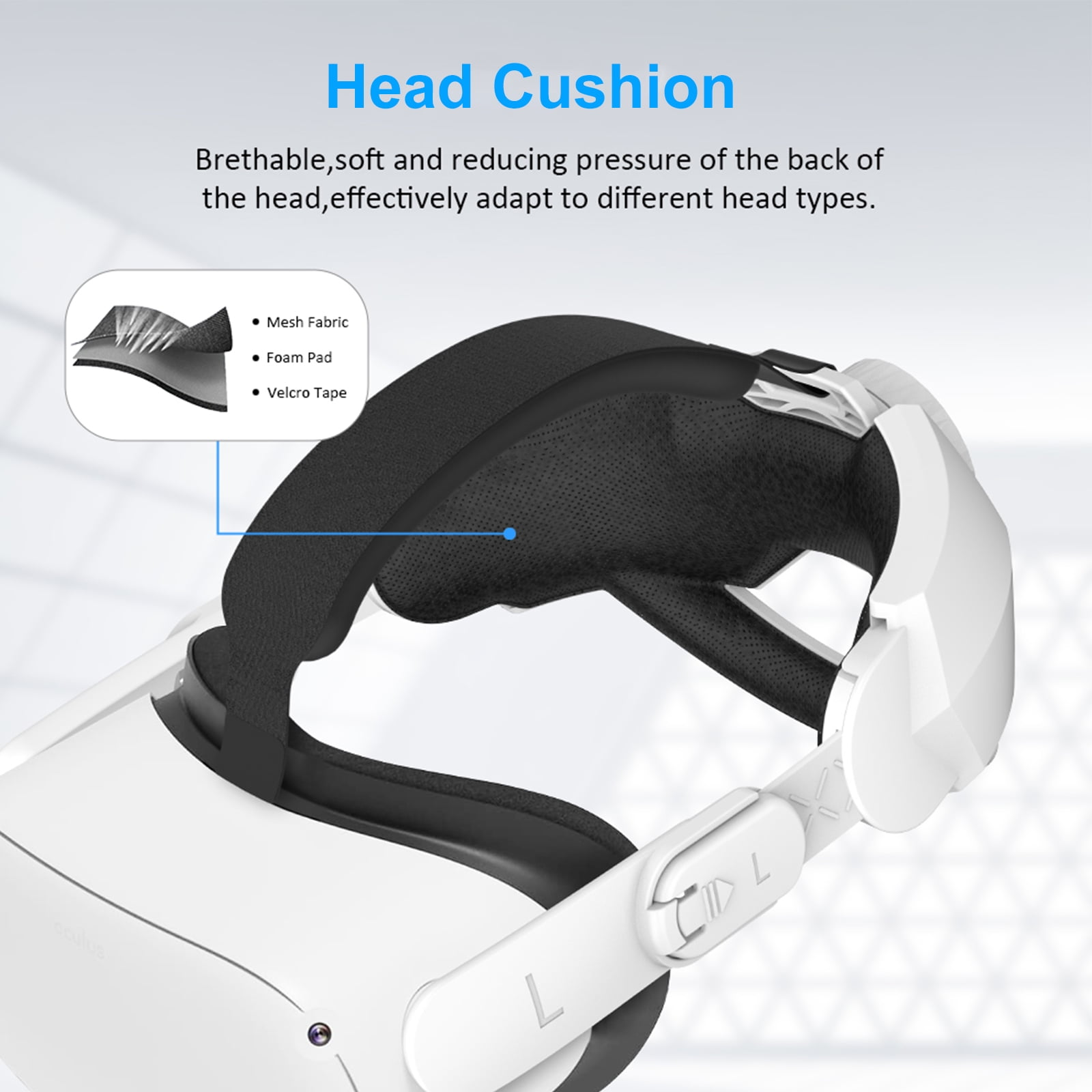 Detail eines VR-Headsets. Schwarzes Kopfkissen mit Mesh-Gewebe, Schaumstoffpolster und Klettband, weißer Rahmen. Text: Kopfkissen.