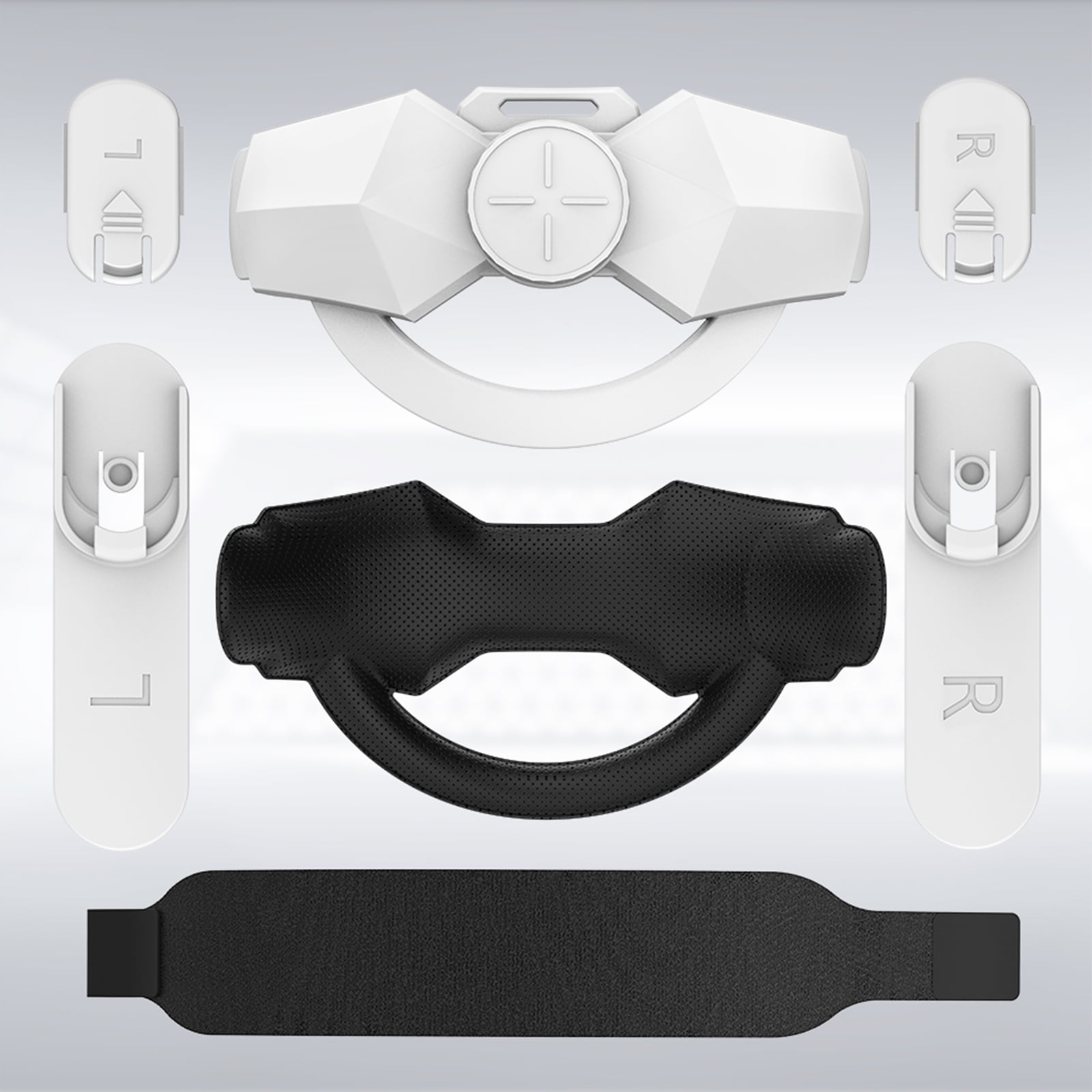 Produktkomponenten angeordnet: weißer Headset-Rahmen, schwarzes perforiertes Polster, zwei weiße Seitenteile mit L und R, ein schwarzer Riemen.