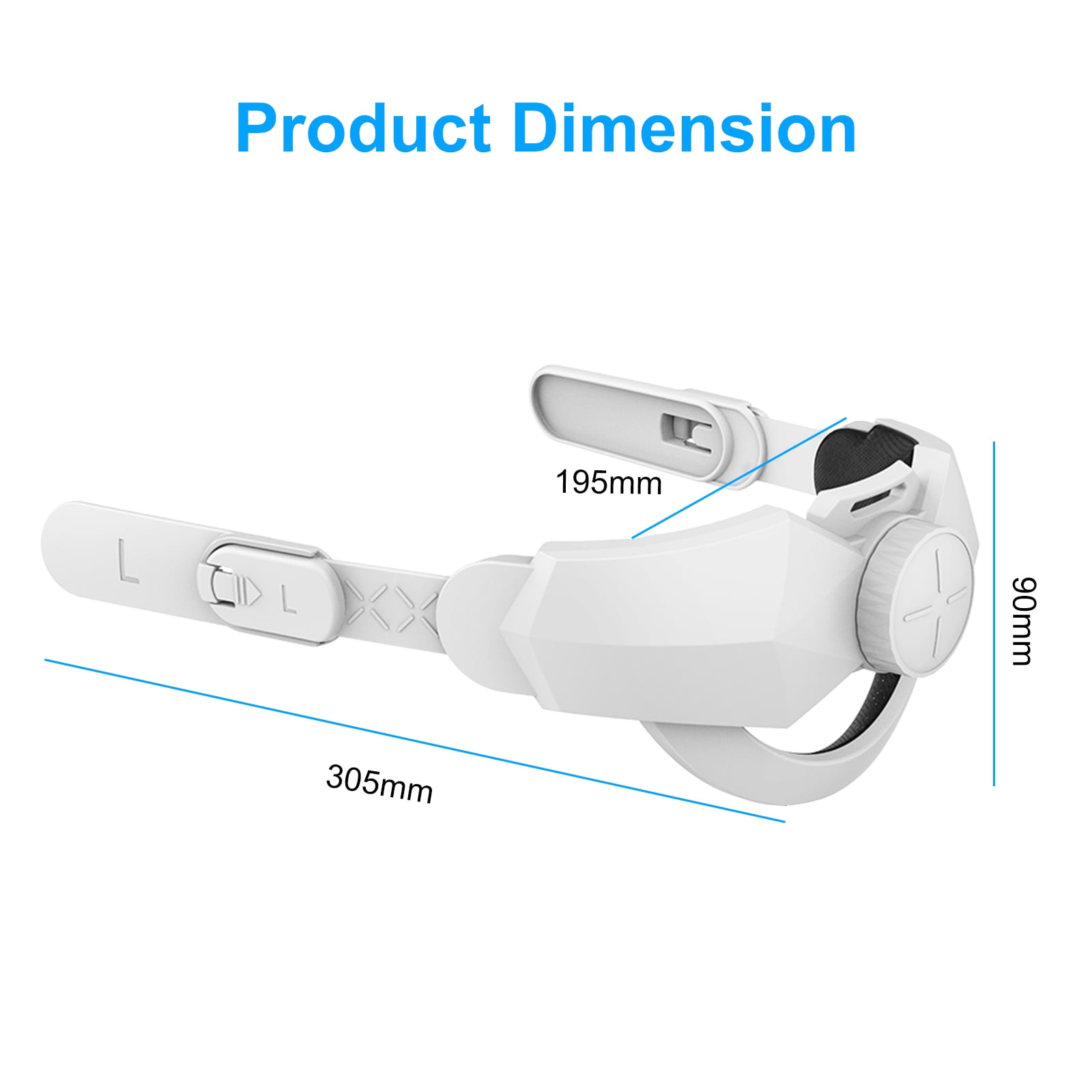 Ein weißes VR-Headset mit den angegebenen Abmessungen: 305 mm, 195 mm und 90 mm. Der Text lautet 'Produktabmessung'.