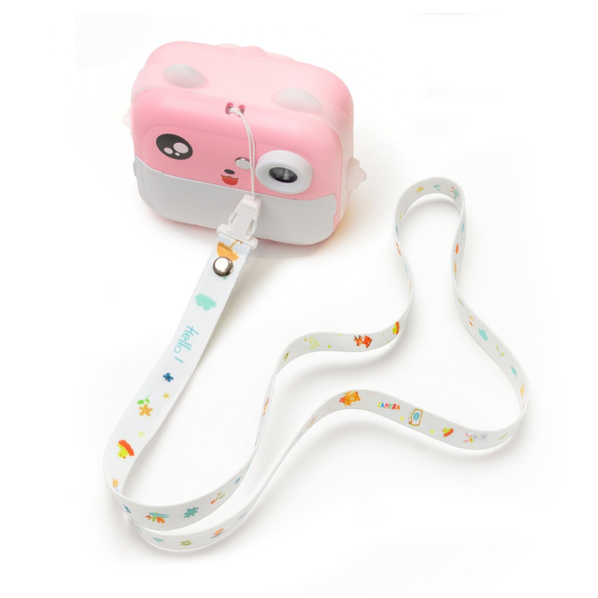 Eine rosa-weiße Spielzeugkamera mit einem Gurt. Der Gurt hat bunte Zeichnungen und das Wort 'Hallo!'. Die Kamera hat ein Cartoon-Gesicht.