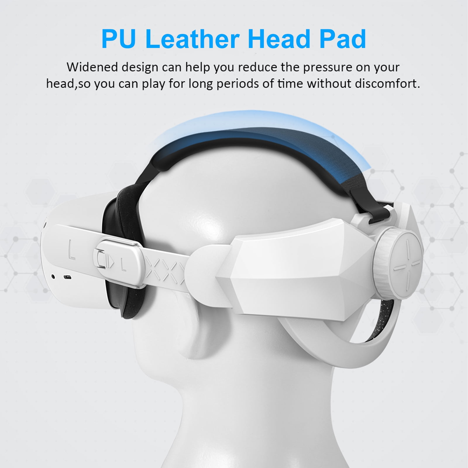 VR-Headset auf Schaufensterpuppenkopf. Das Headset hat ein blau gepolstertes Stirnband. Weiß und Schwarz dominieren das Design.
